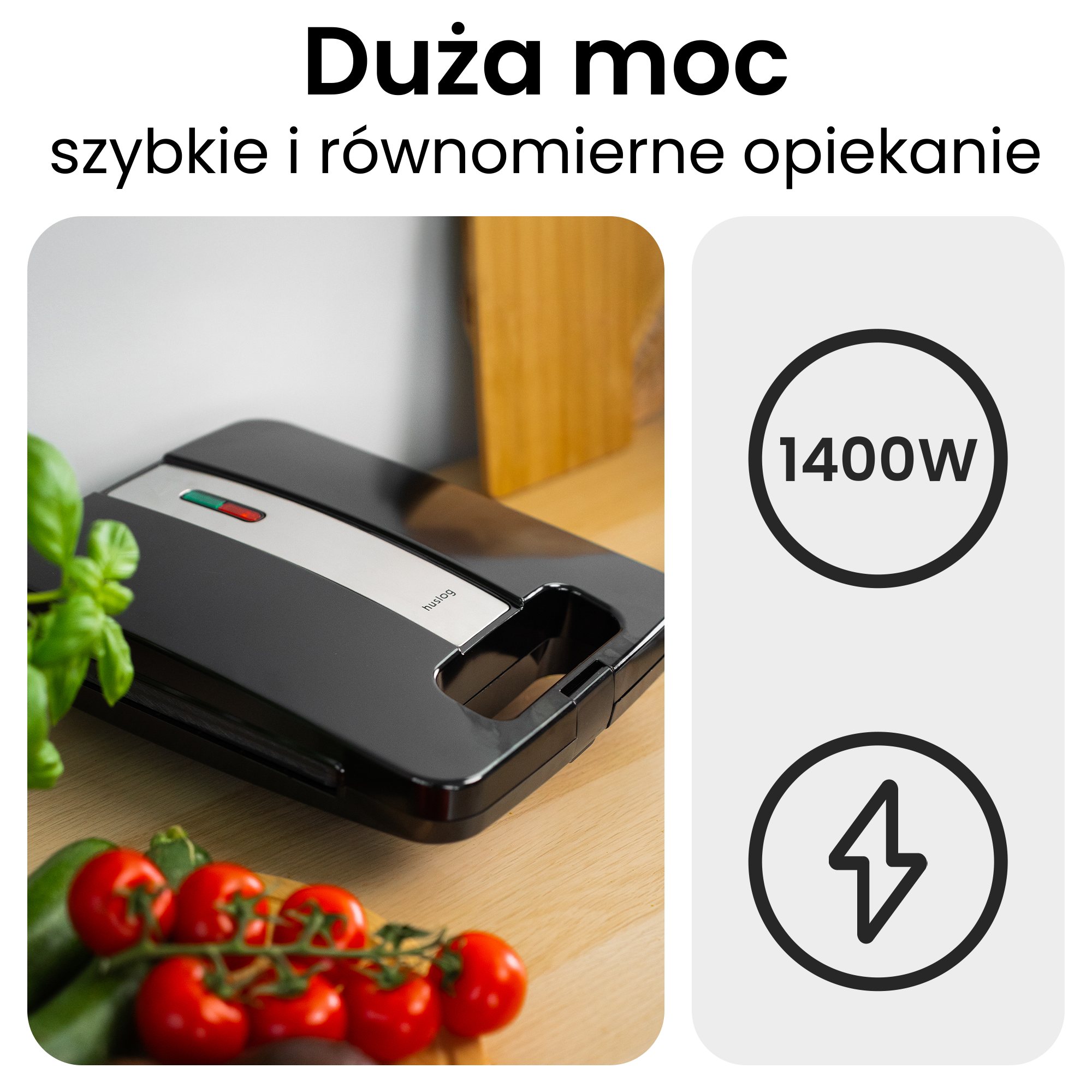 Czarny opiekacz z warzywami i wskaźnikiem mocy 1400W.