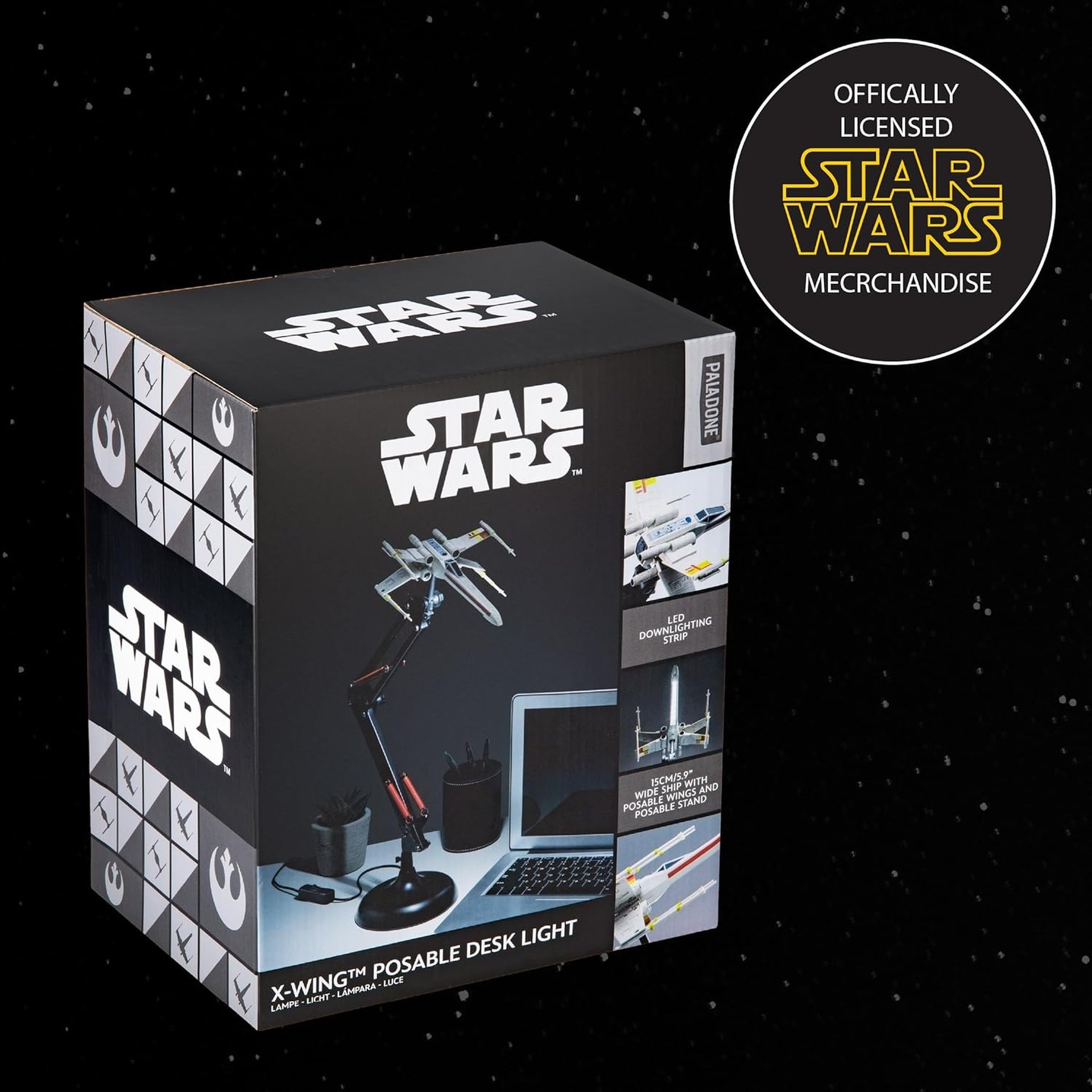 Lampka biurkowa Star Wars X-Wing na czarnym pudełku z gwiazdami.