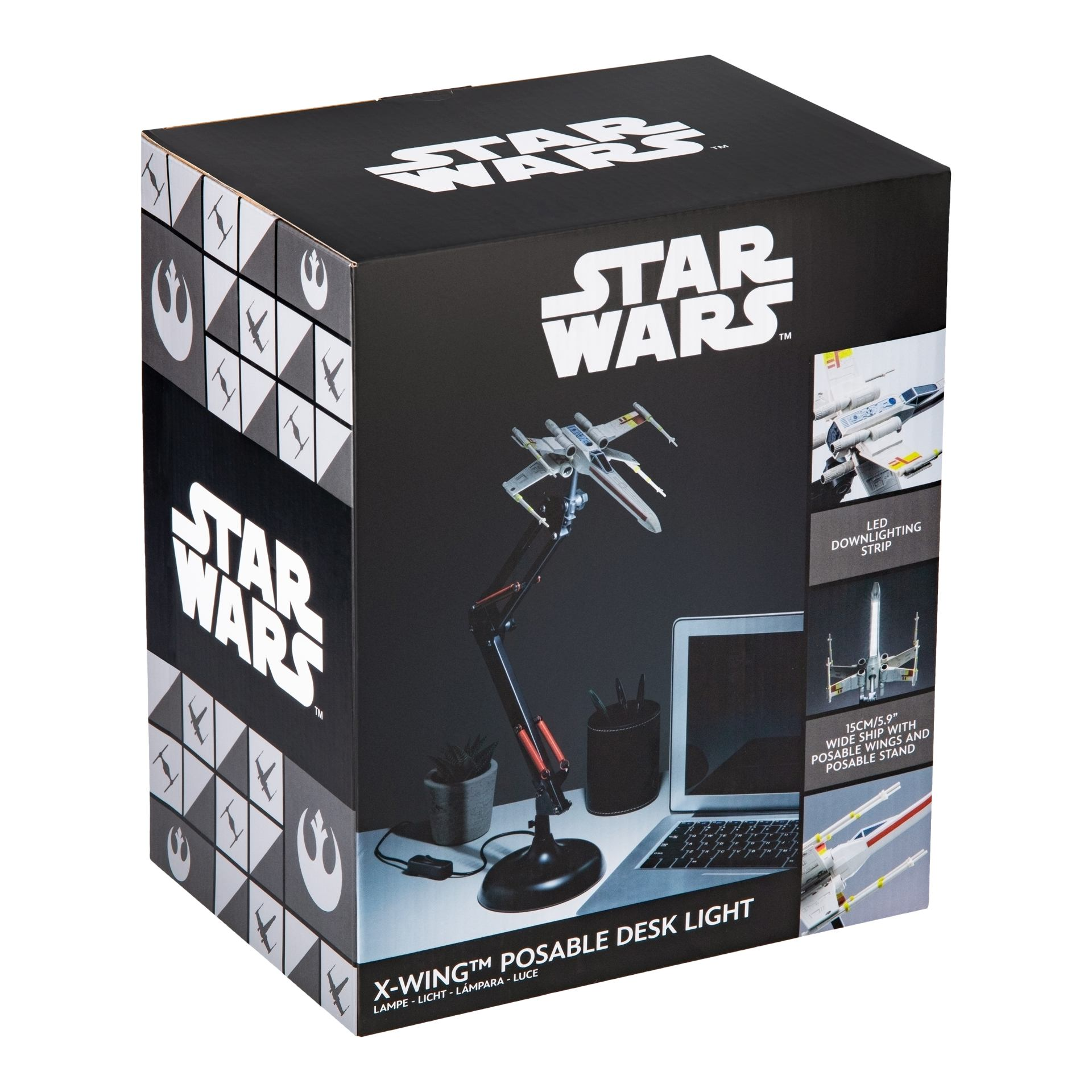 Lampka biurkowa Star Wars X-Wing na czarnym opakowaniu z grafikami.