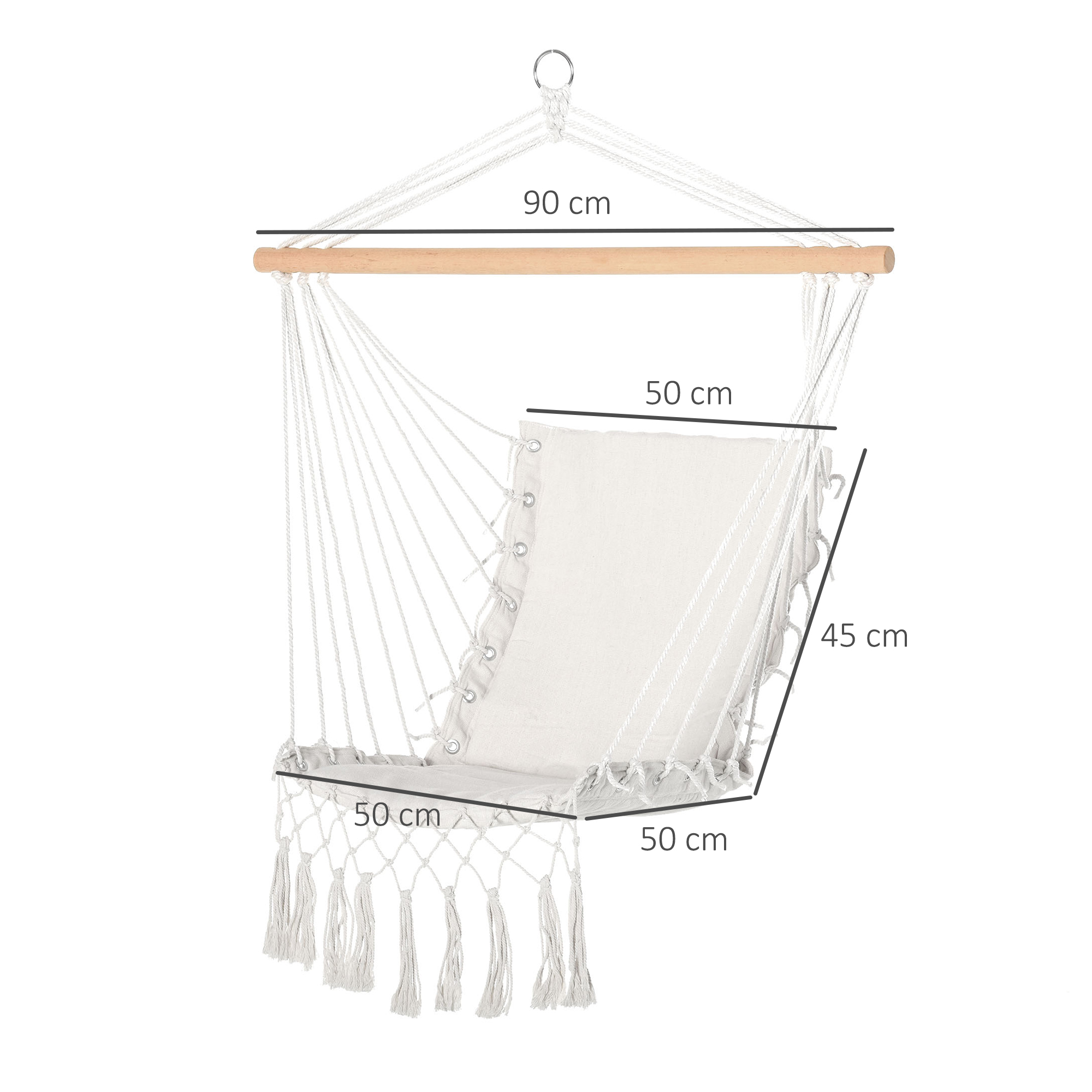 Silla hamaca blanca con barra de madera (90cm), asiento (50x45cm) y borlas.