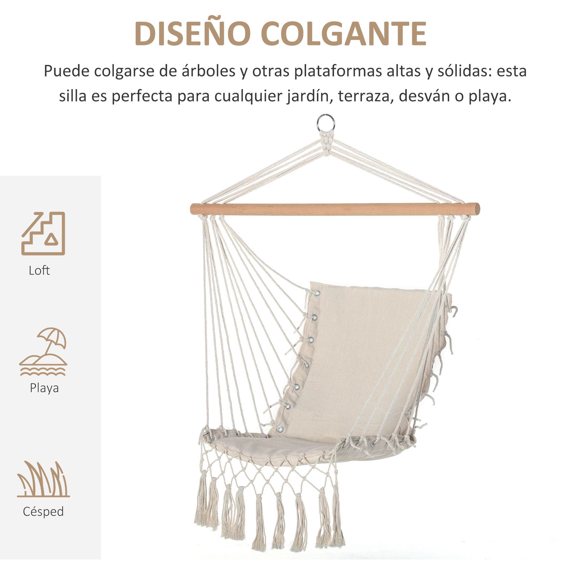 Una silla colgante de tela beige con borlas, suspendida de una barra de madera.