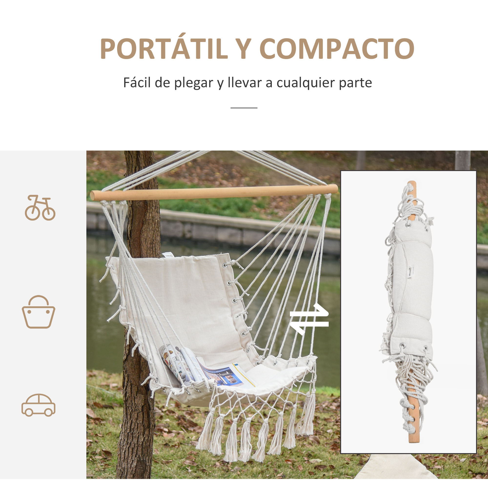 Una hamaca beige cuelga de un árbol, con revistas dentro. Hamaca plegada mostrada.