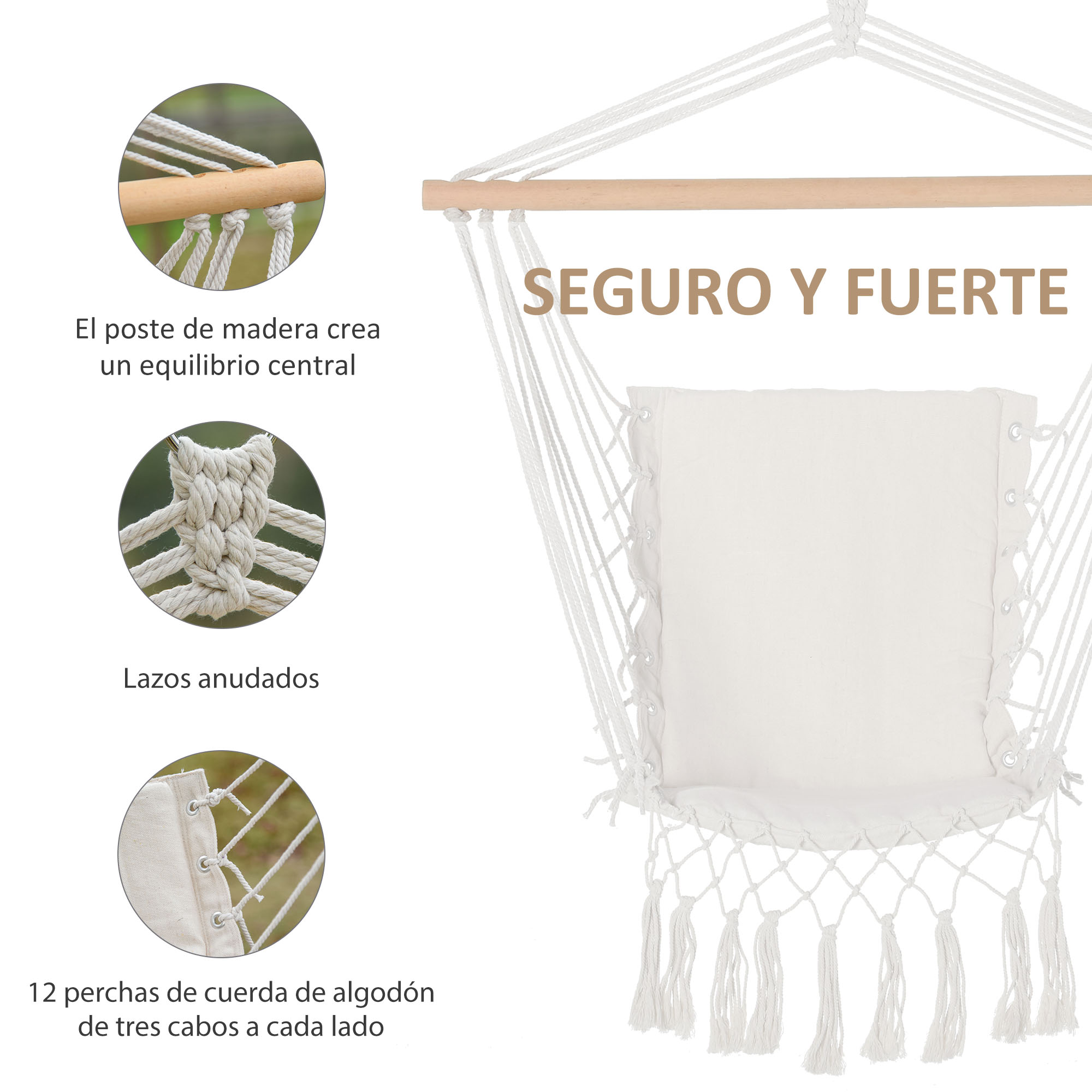 Detalles de silla hamaca blanca: barra de madera, nudos y cuerdas.