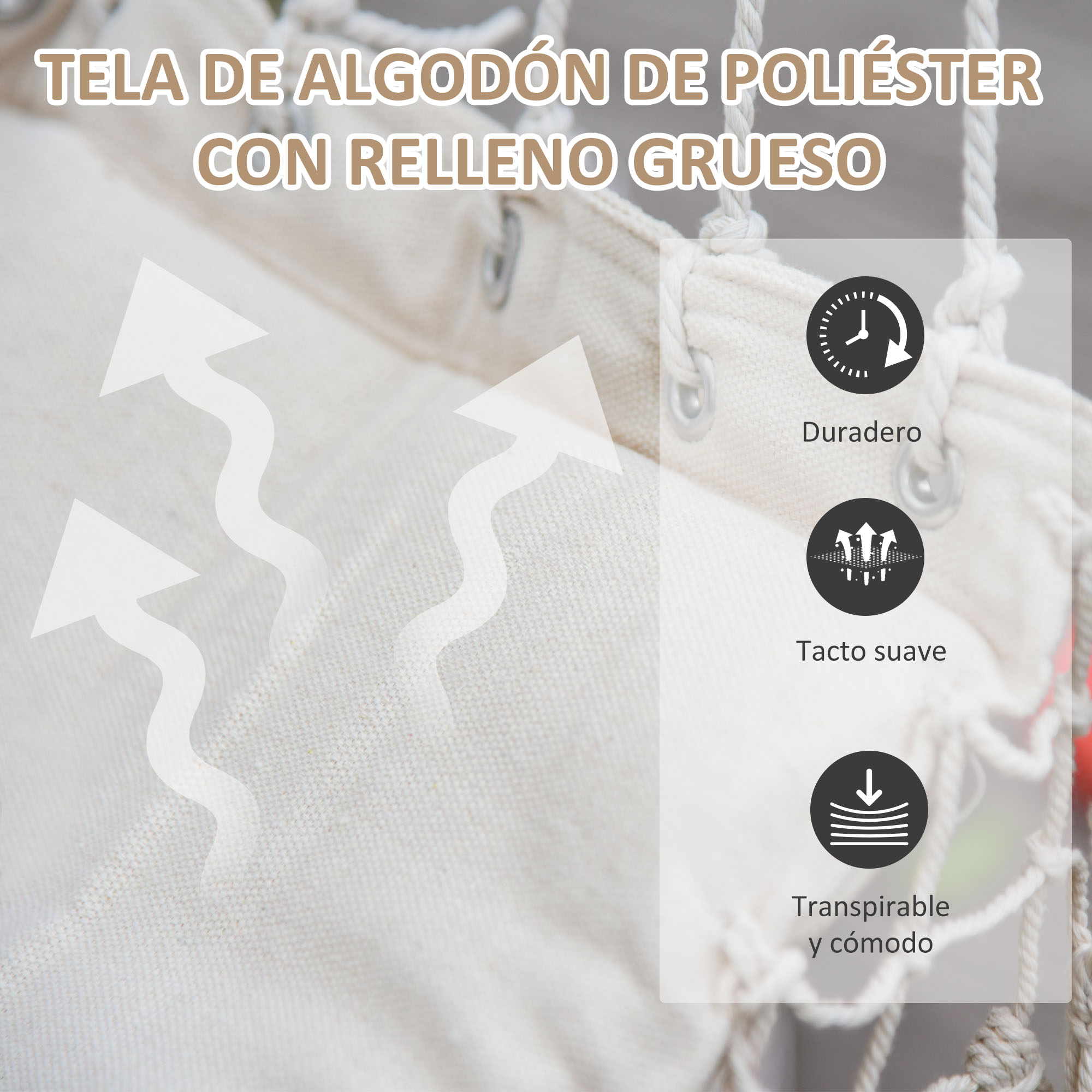 Tela beige con flechas blancas que indican durabilidad, suavidad y transpirabilidad.