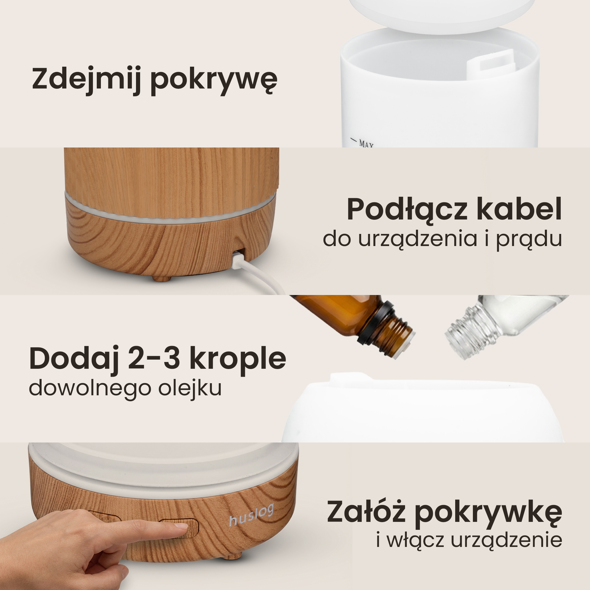 Dyfuzor z drewnianym wykończeniem pokazany z krokami do napełniania i włączania.