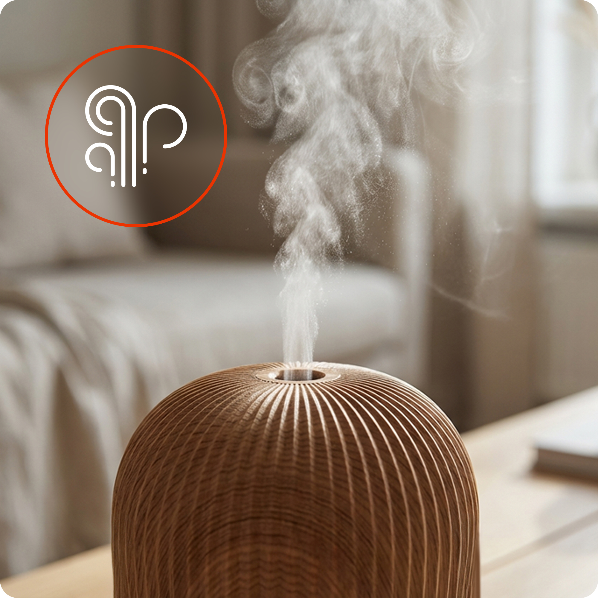 Drewniany dyfuzor uwalnia parę, obok symbol powietrza.