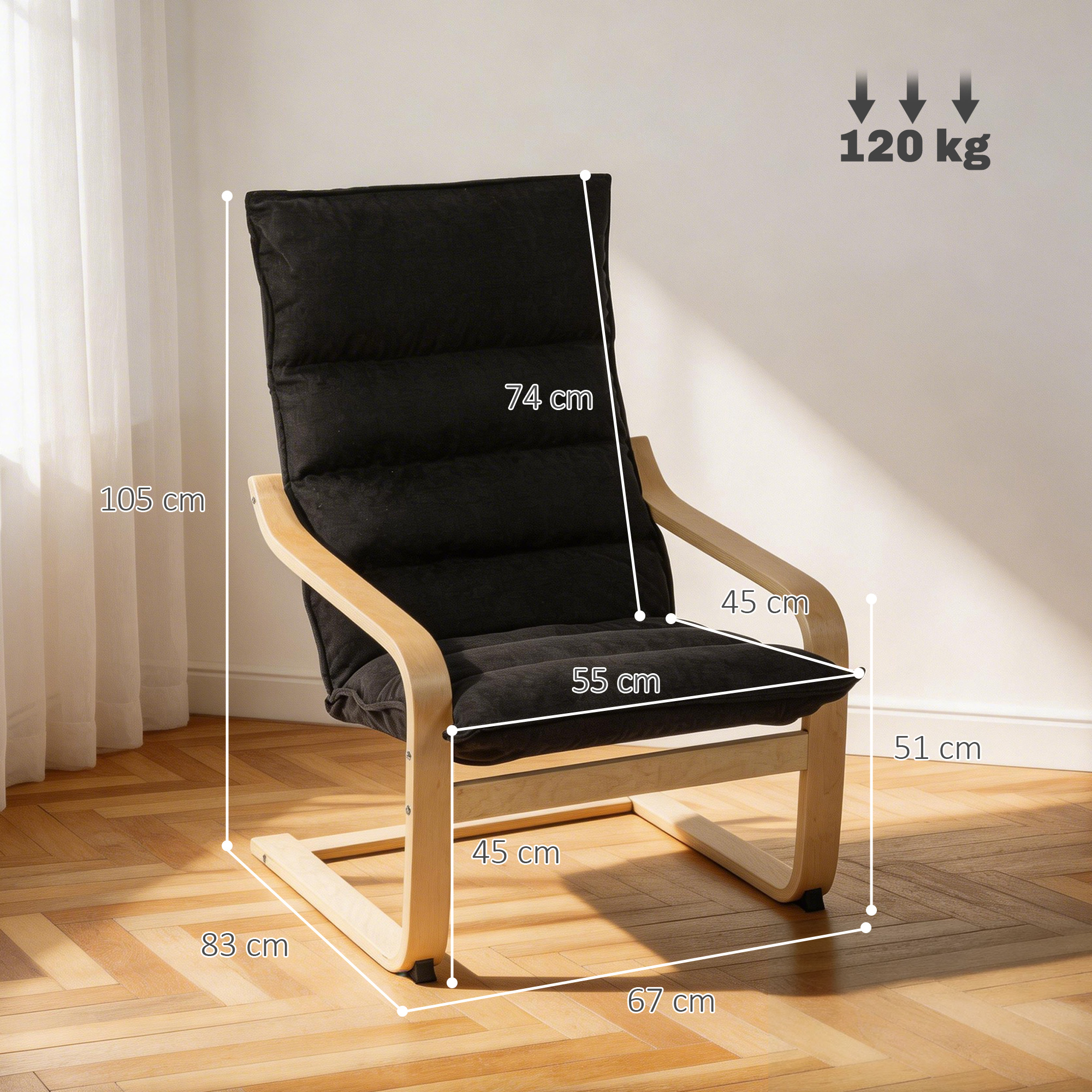 Sillón negro con marco de madera. Dimensiones: 105x83x67cm. Carga máx: 120kg.