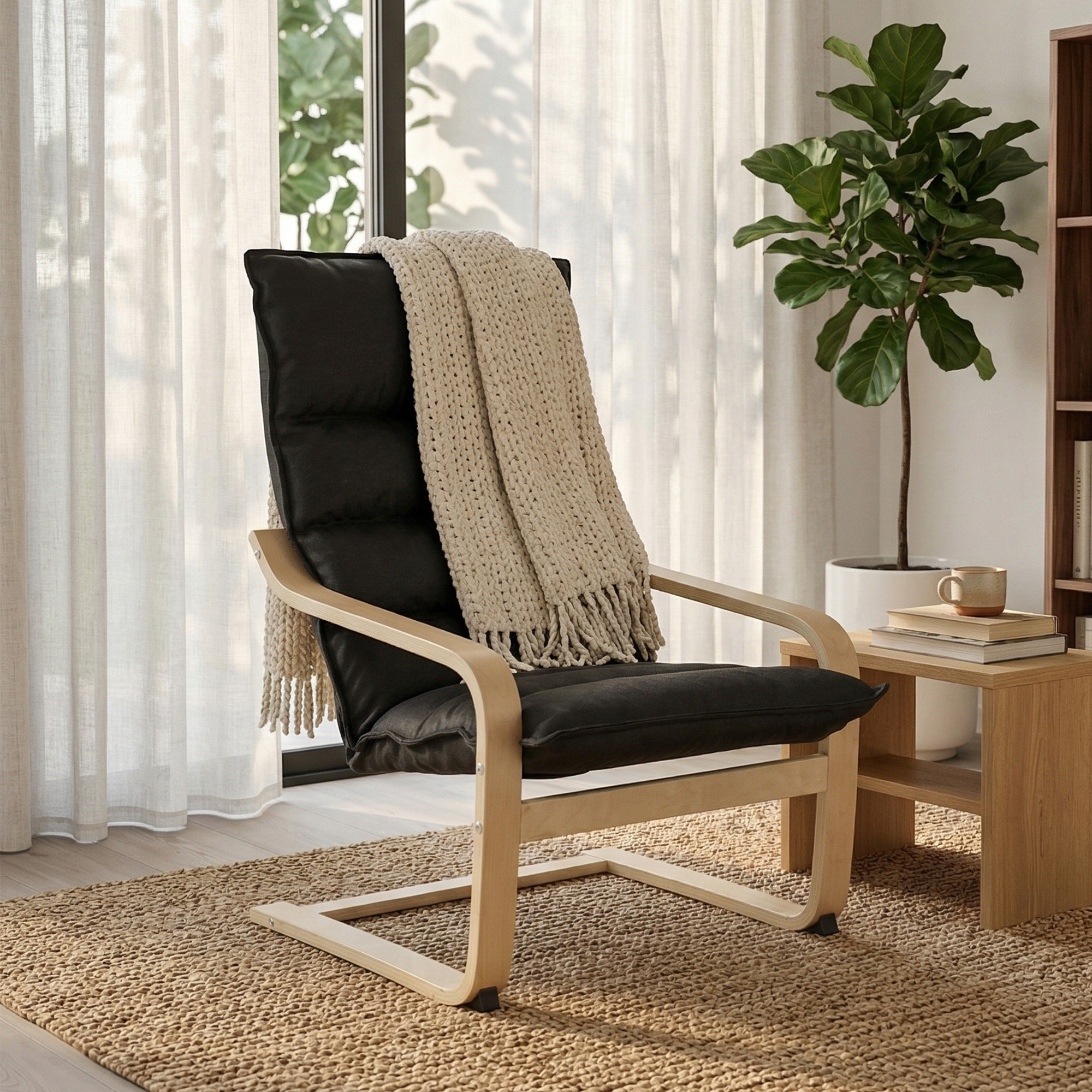 Un sillón negro con una manta encima, junto a una mesa con libros y una planta.