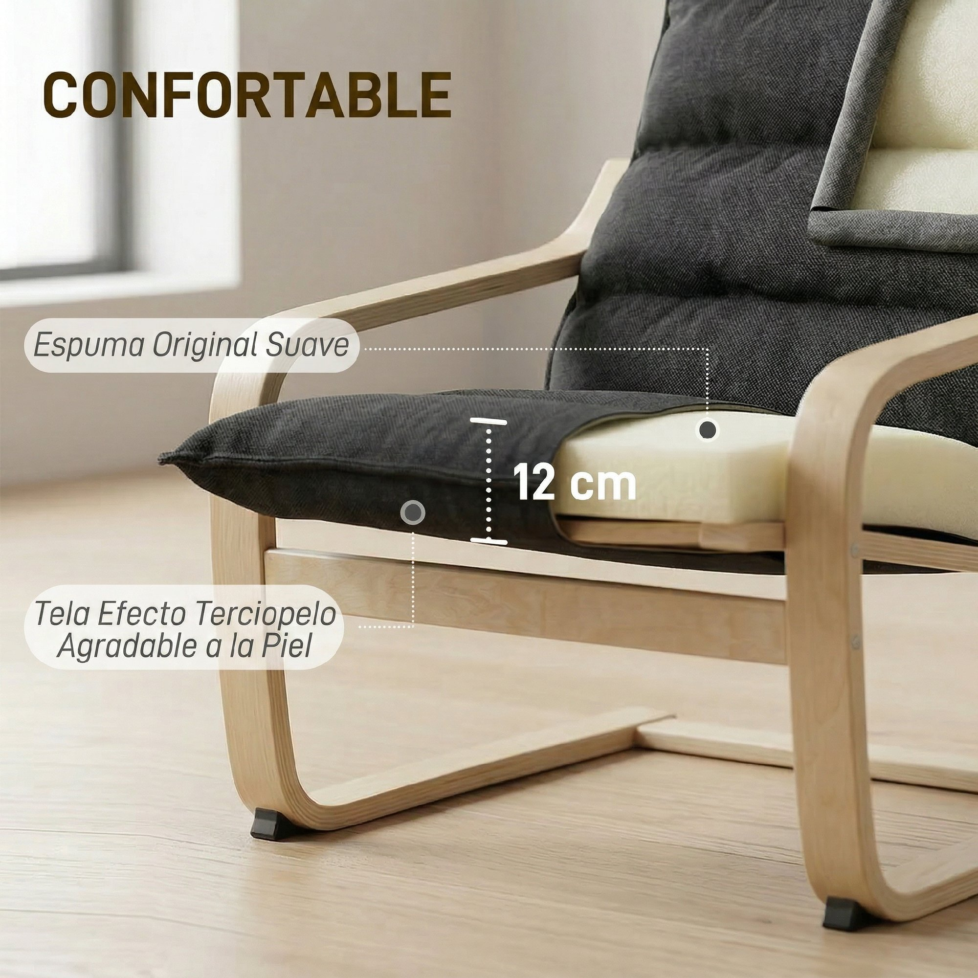 Un sillón con tela oscura, acolchado de espuma de 12 cm y marco de madera.