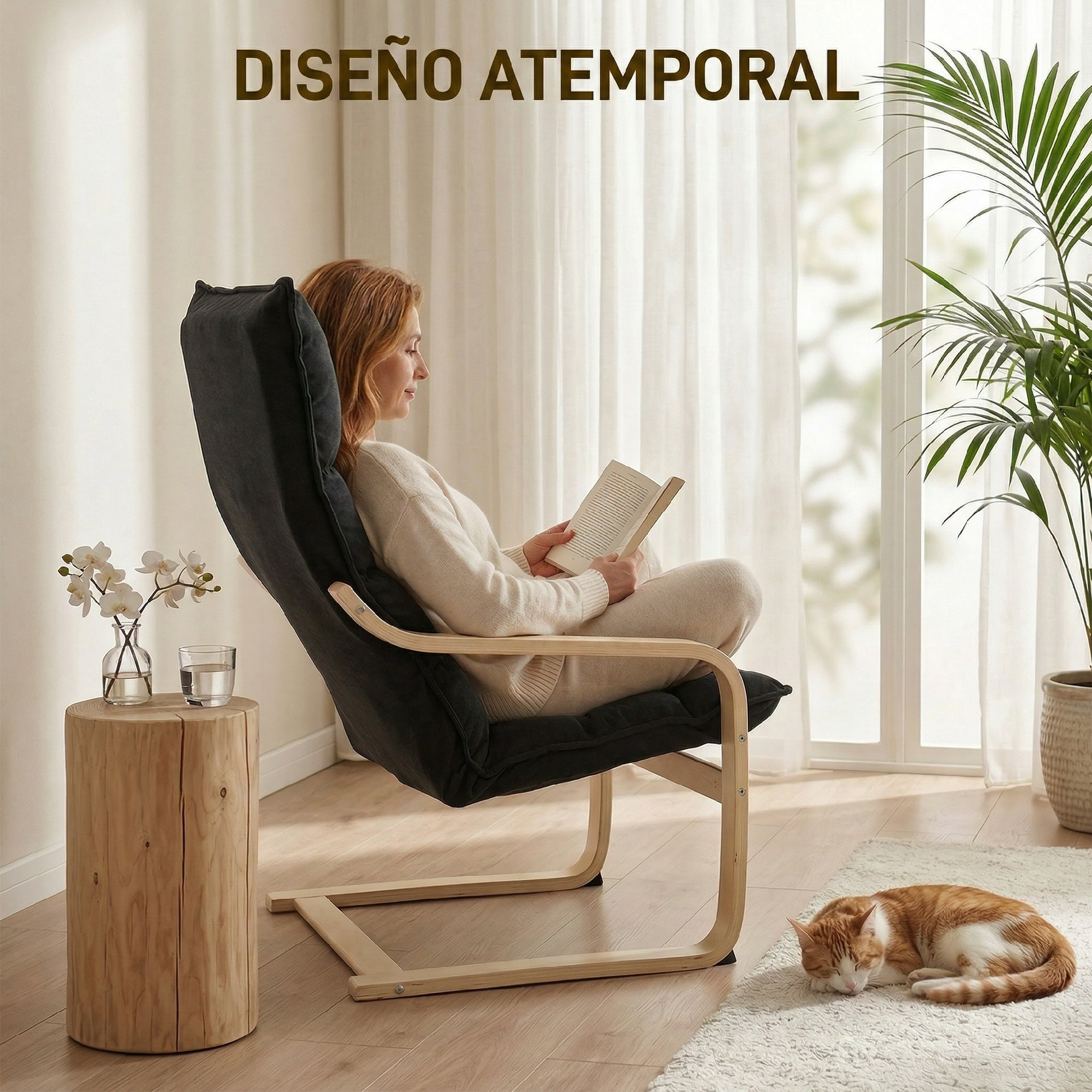 Mujer lee libro en sillón, gato duerme en alfombra.