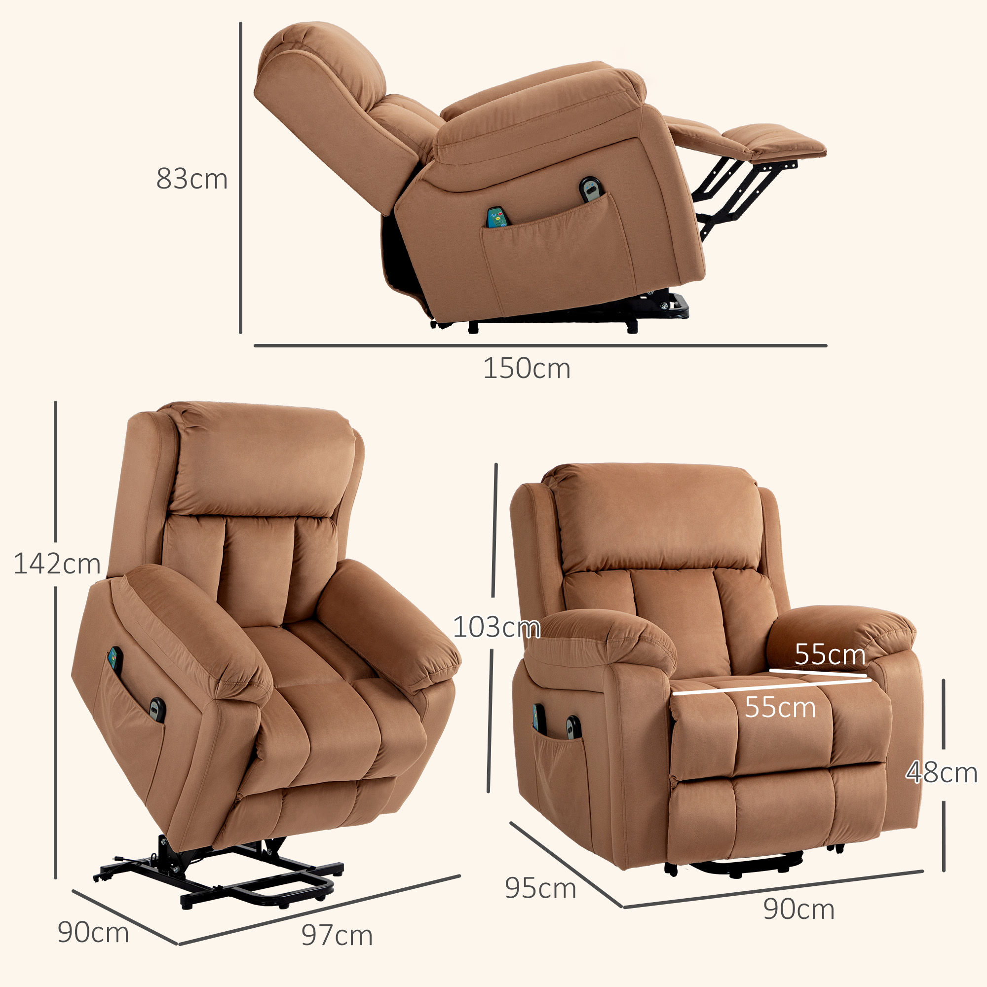 Sillón reclinable marrón con dimensiones: 83cm alto, 150cm largo, 142cm alto, 103cm alto, 95cm ancho, 90cm ancho, 48cm alto, 55cm ancho asiento.