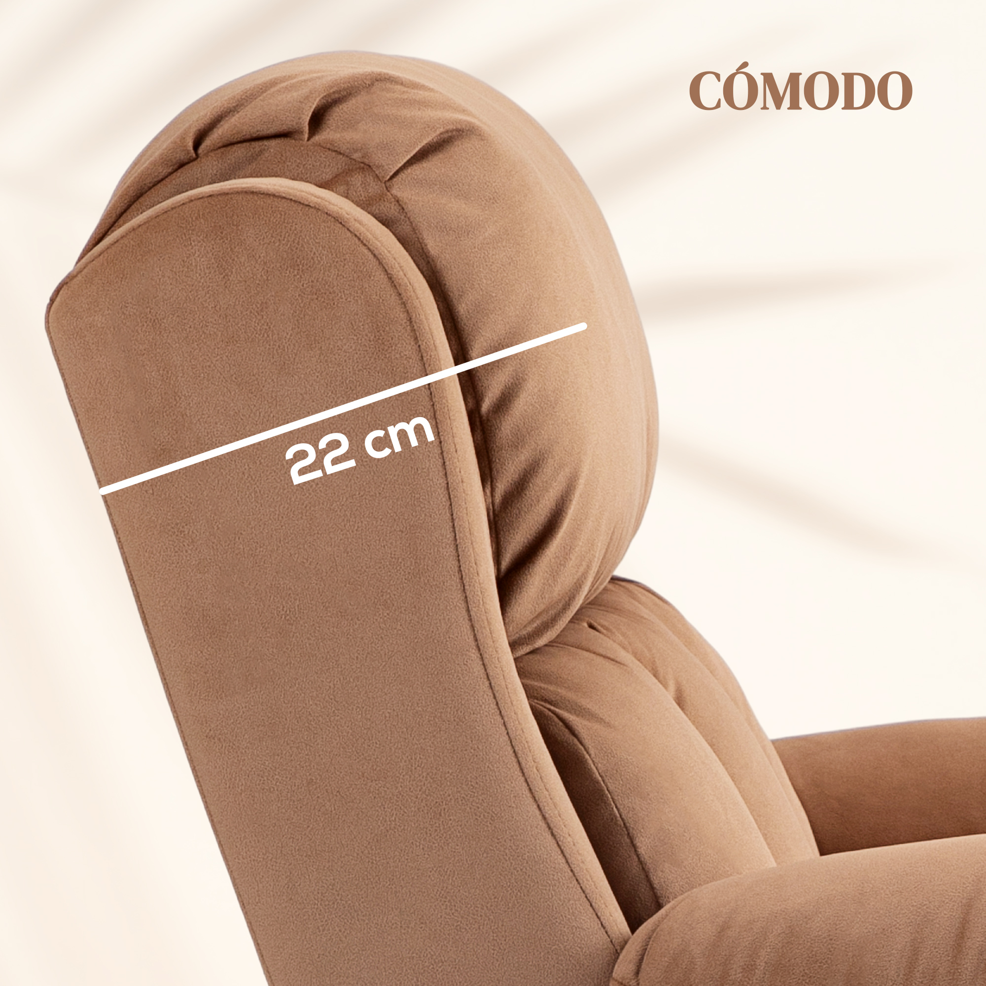 Sillón marrón con reposacabezas de 22 cm. La palabra COMODO está arriba a la derecha.