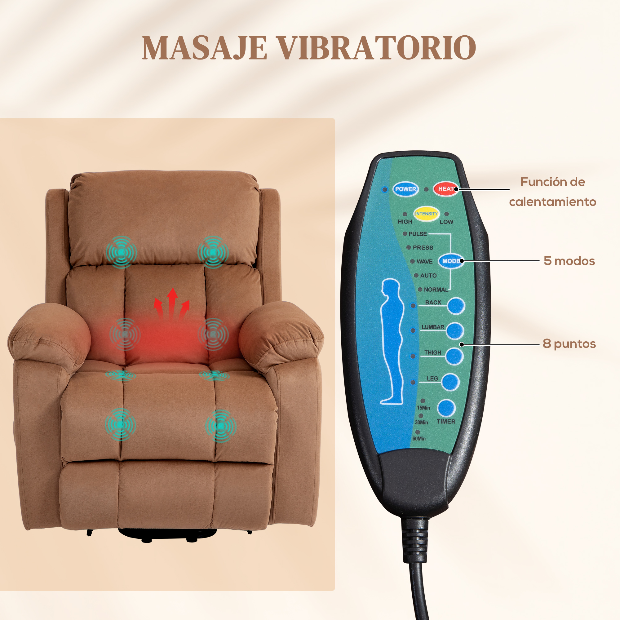 Un sillón de masaje marrón con mando a distancia mostrando varios modos.