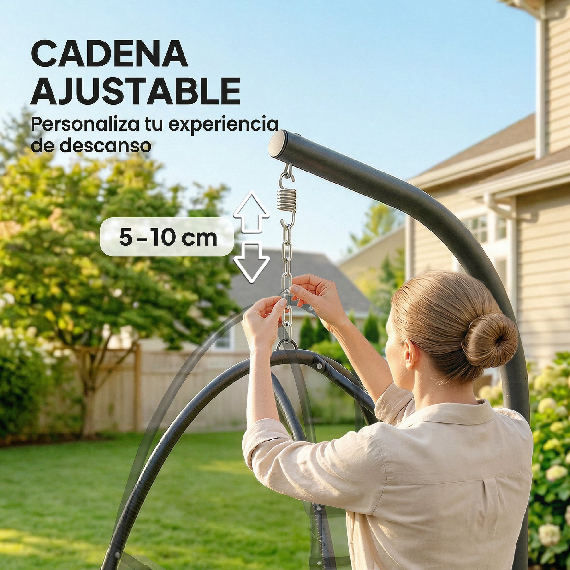 Mujer ajusta cadena de silla colgante, rango de 5-10 cm.