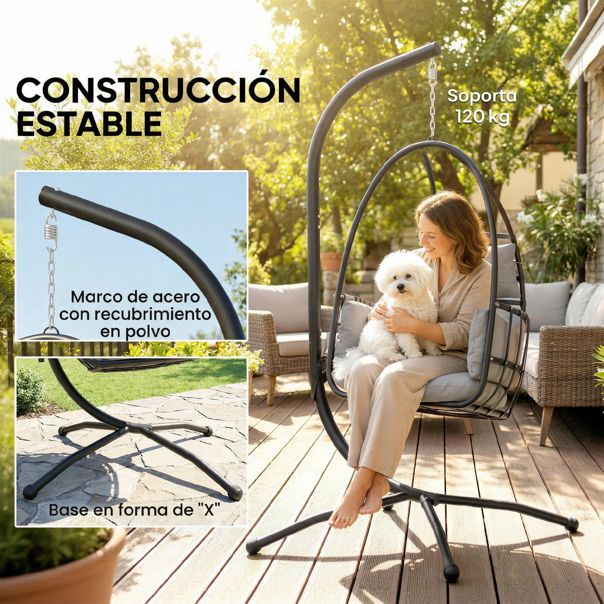 Mujer con perro en silla colgante exterior. Marco de acero, base en forma de X.