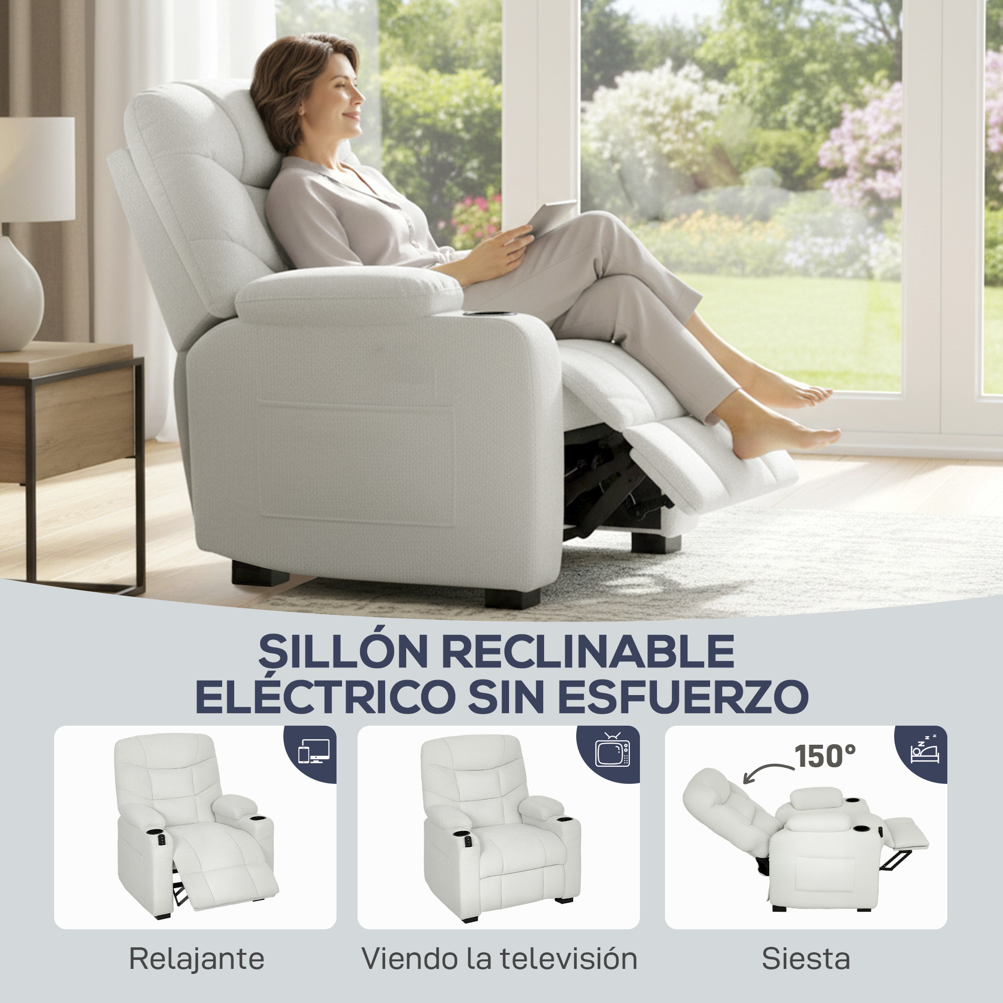 Una mujer se relaja en un sillón reclinable eléctrico blanco frente a una ventana.