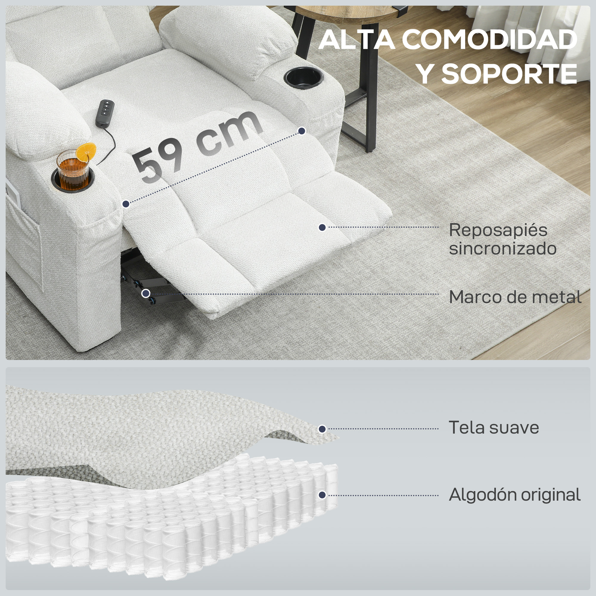 Sillón reclinable blanco con reposapiés extendido y portavasos.