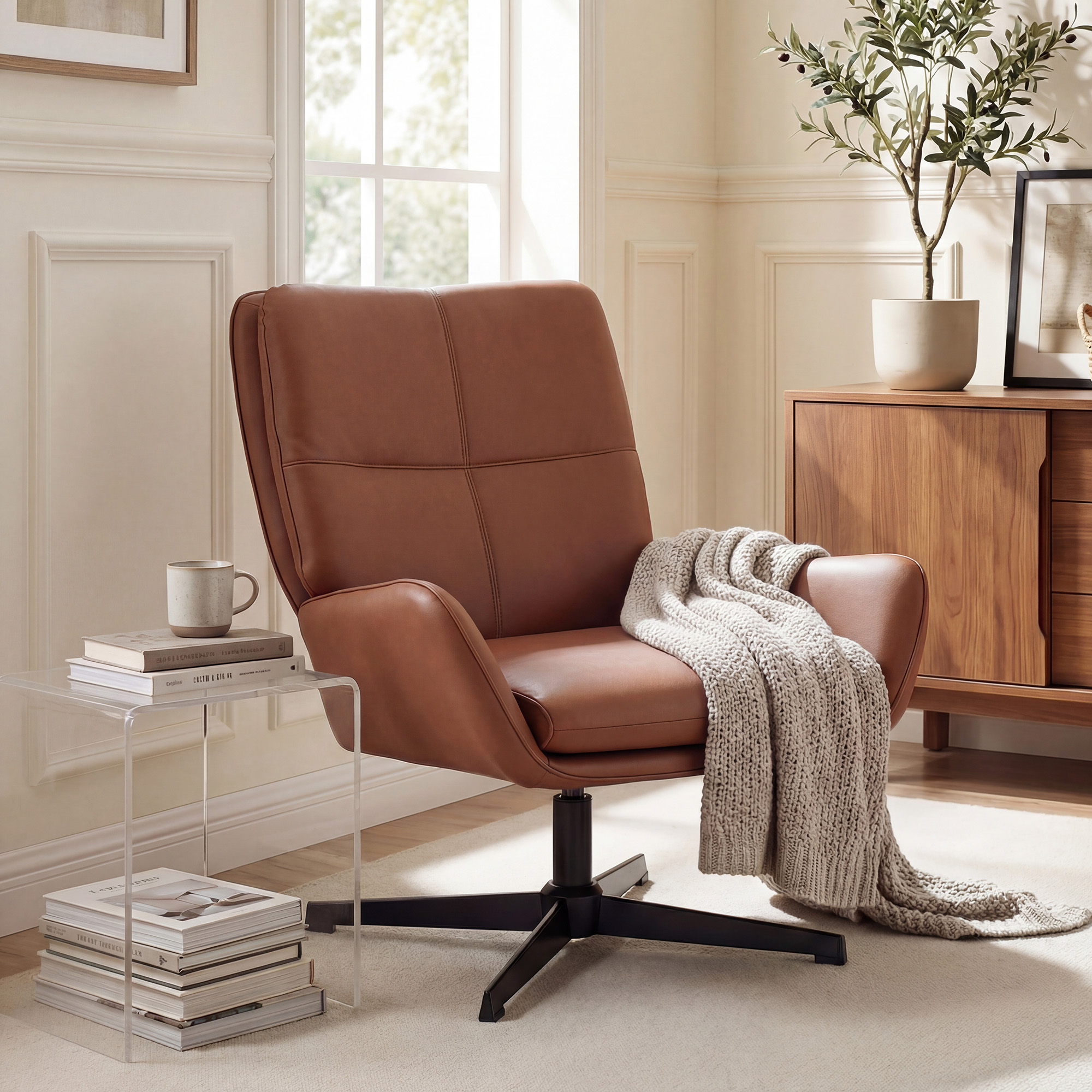Un sillón de cuero marrón con manta, junto a un aparador de madera y mesa auxiliar.