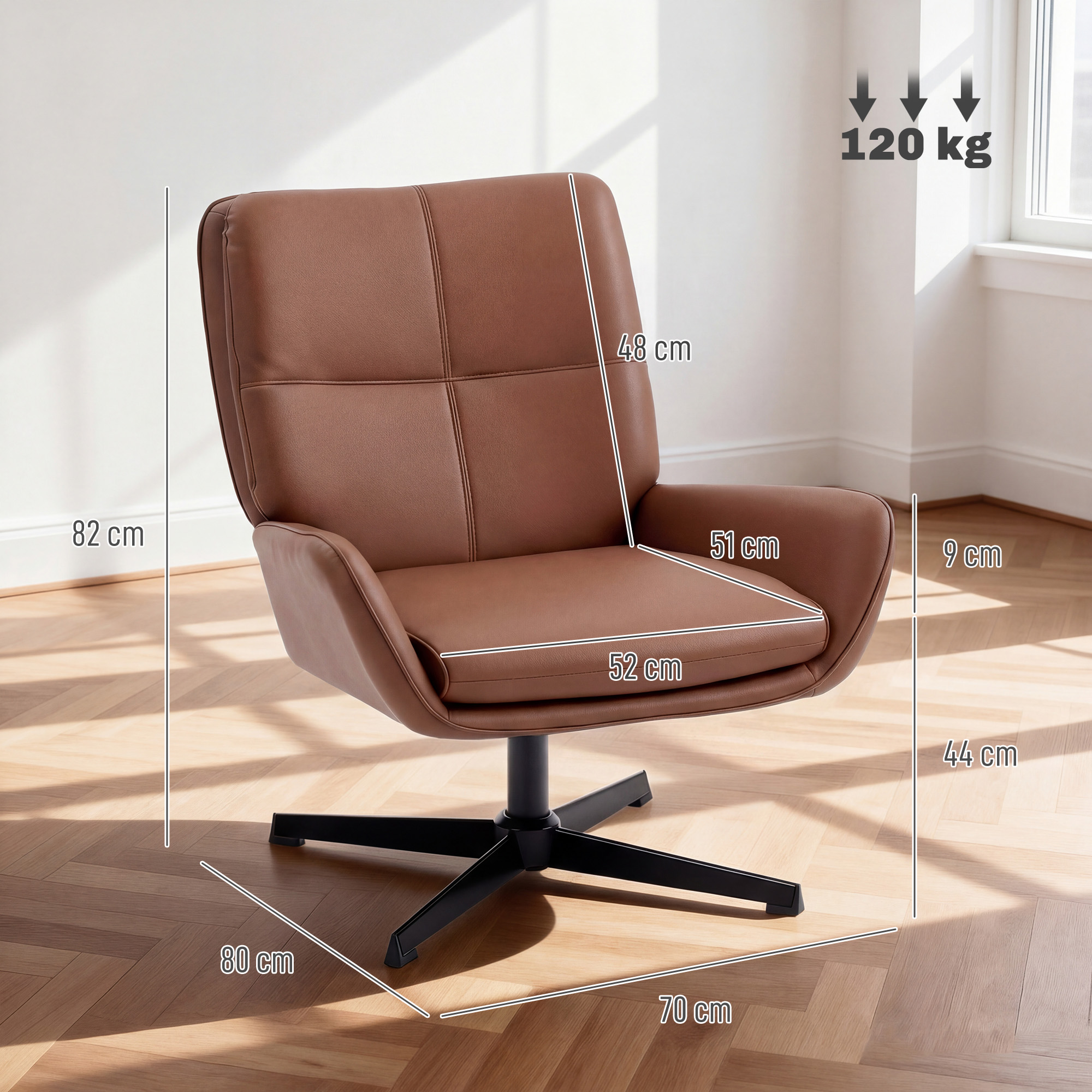 Silla giratoria marrón con base de estrella negra. Dimensiones: 82x70x80cm, altura asiento 44cm.