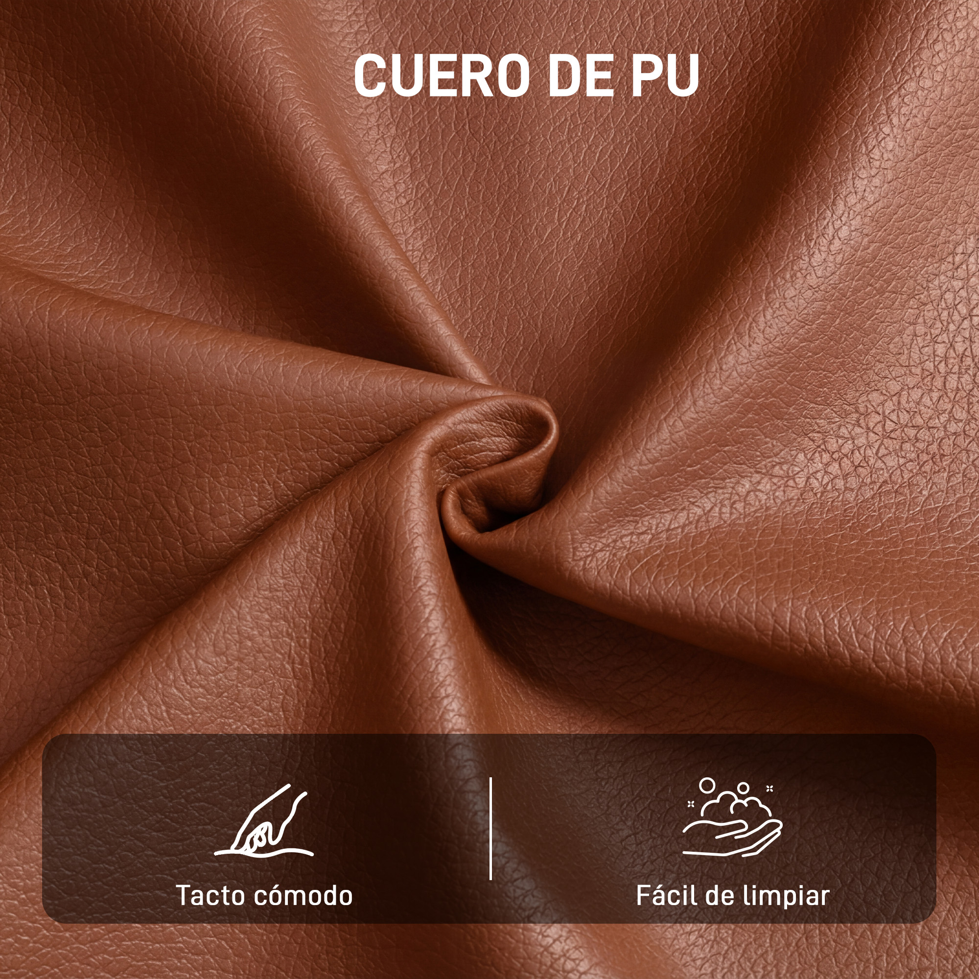 Cuero PU marrón texturizado. Texto arriba: CUERO DE PU. Iconos abajo: tacto cómodo, fácil de limpiar.