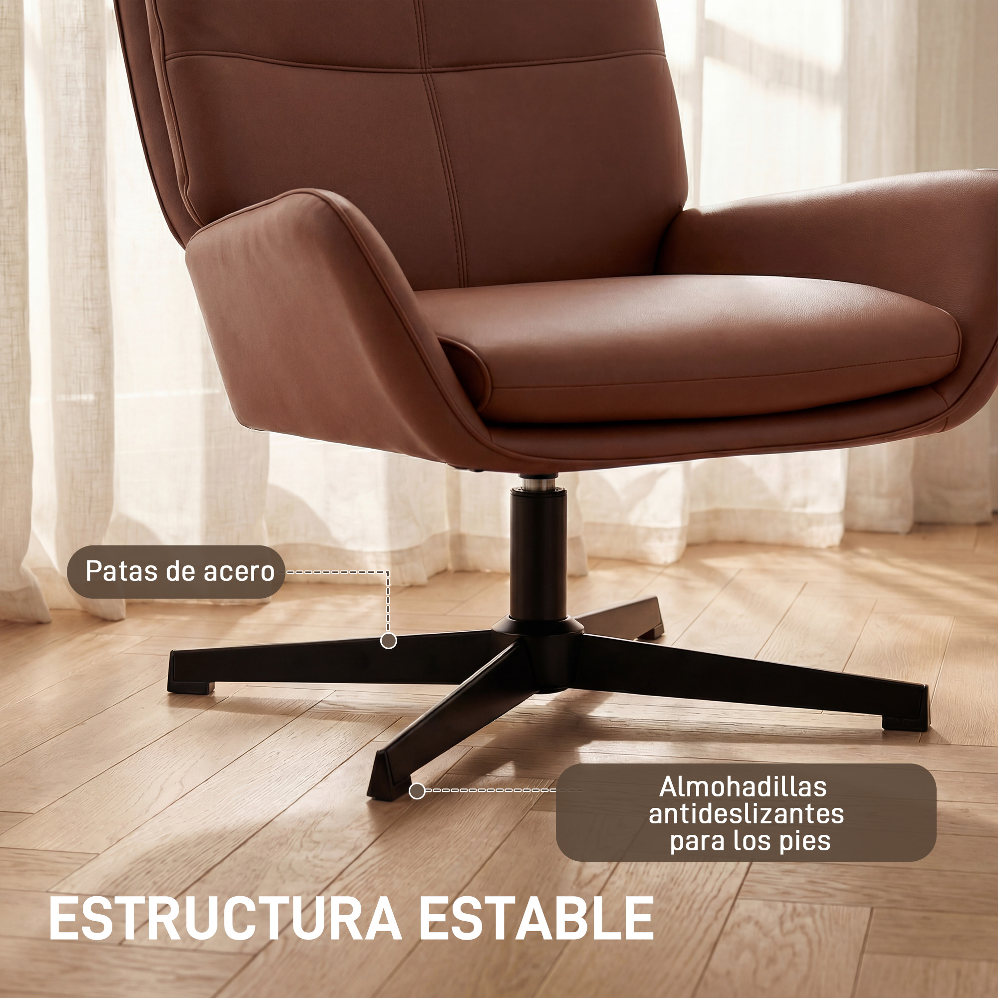 Silla giratoria marrón con base de estrella negra y pies antideslizantes.