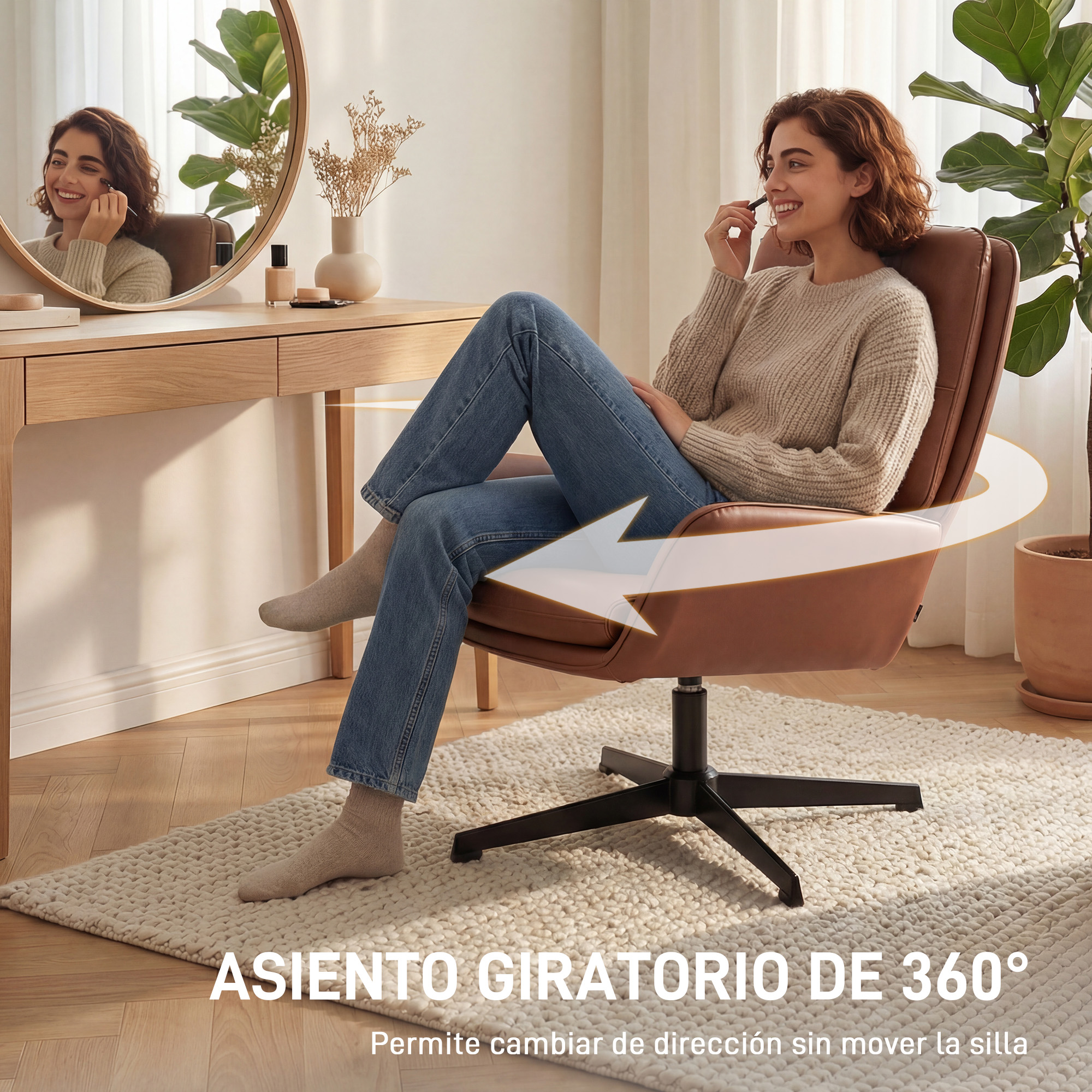 Una mujer se sienta en una silla de oficina marrón, maquillándose frente a un espejo.