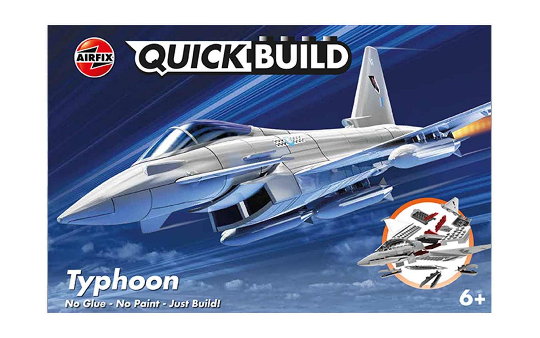 Pudełko z grafiką zestawu Airfix Quick Build Typhoon z odrzutowcem w locie.
