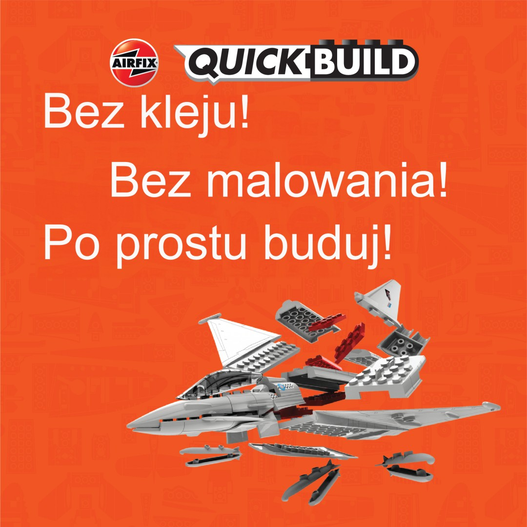 Zestaw Airfix Quick Build samolotu z czerwonymi i szarymi częściami, bez kleju.