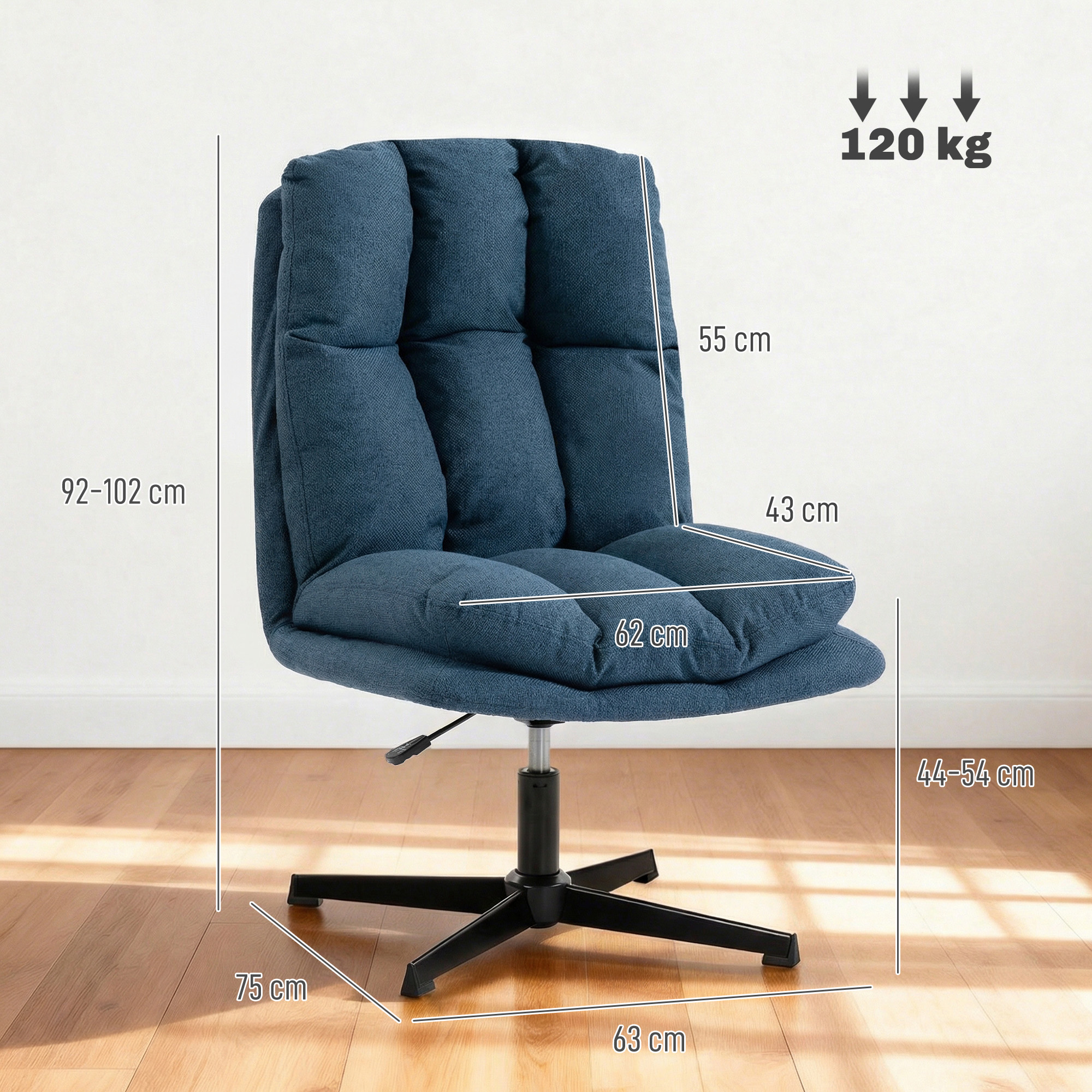Una silla de oficina azul con dimensiones y límite de peso de 120 kg.