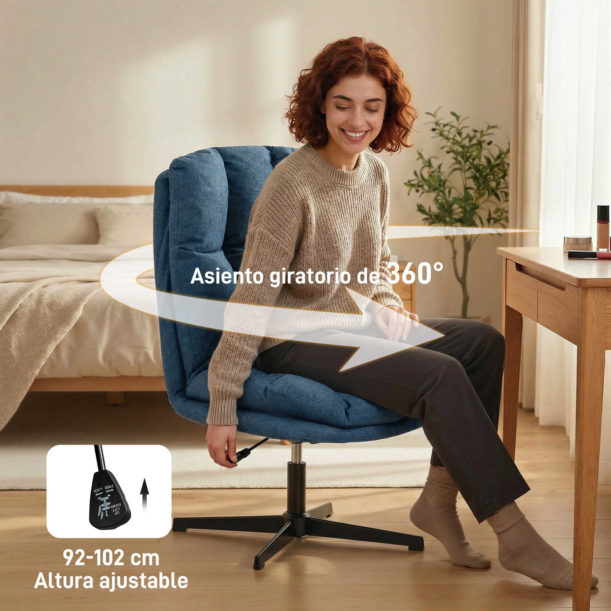 Mujer sentada en una silla de oficina azul con altura ajustable. Giratoria 360°.