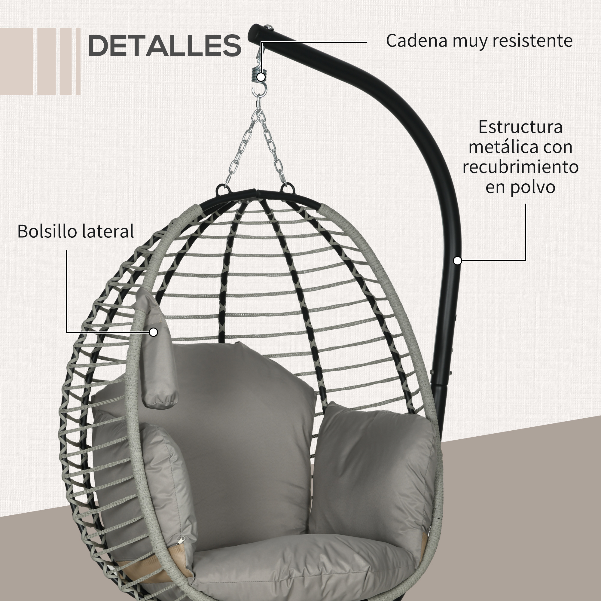 Una silla colgante de mimbre gris con cojines, suspendida por una cadena y soporte metálico.