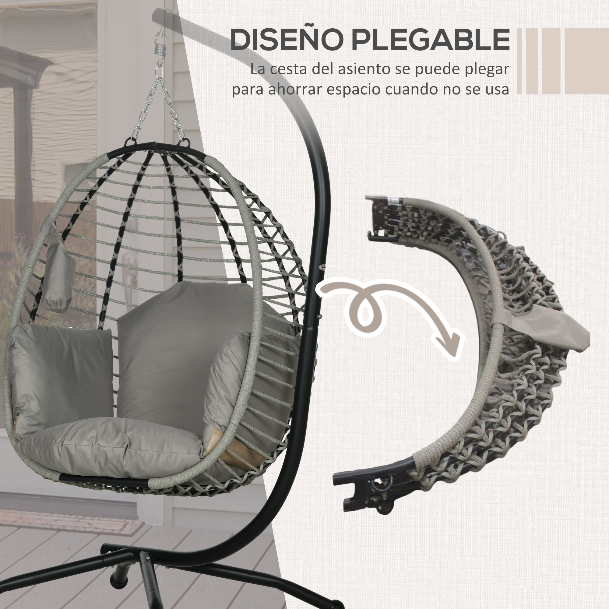 Una silla de huevo colgante con cojines grises, mostrada plegable.