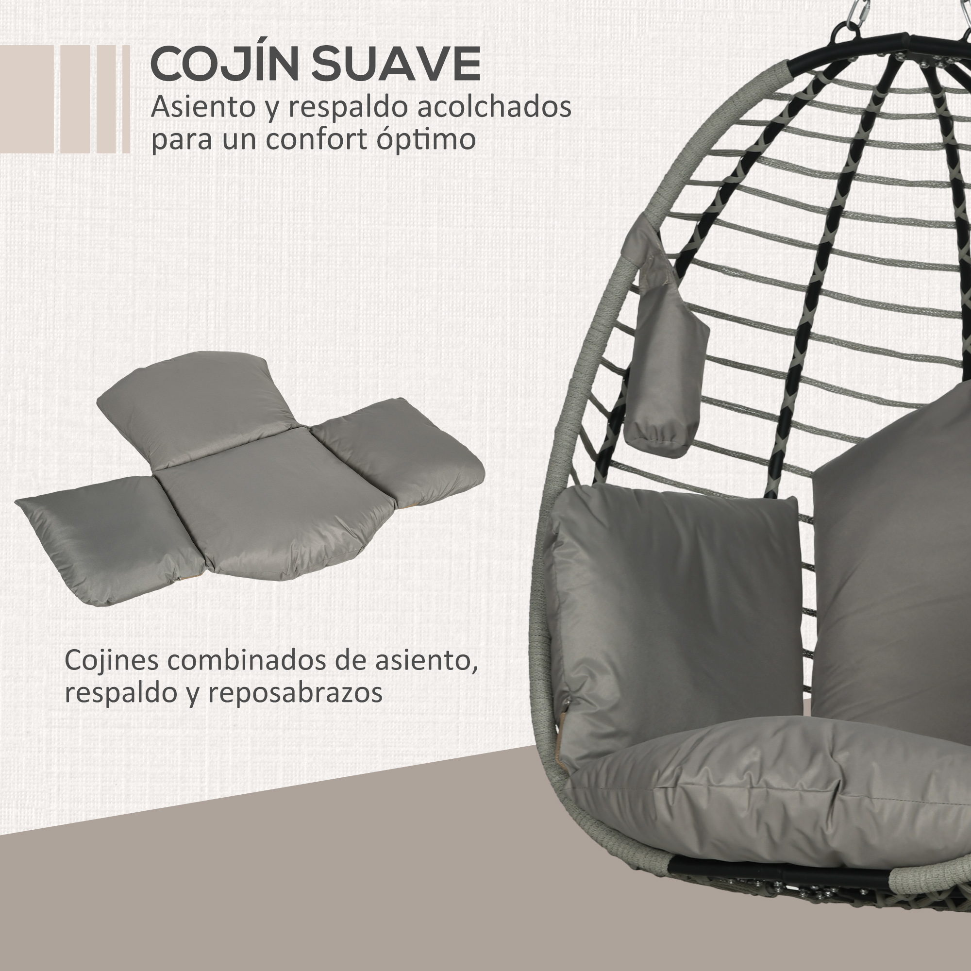 Cojín gris para silla colgante. A la izquierda, un conjunto de cojines desplegado.