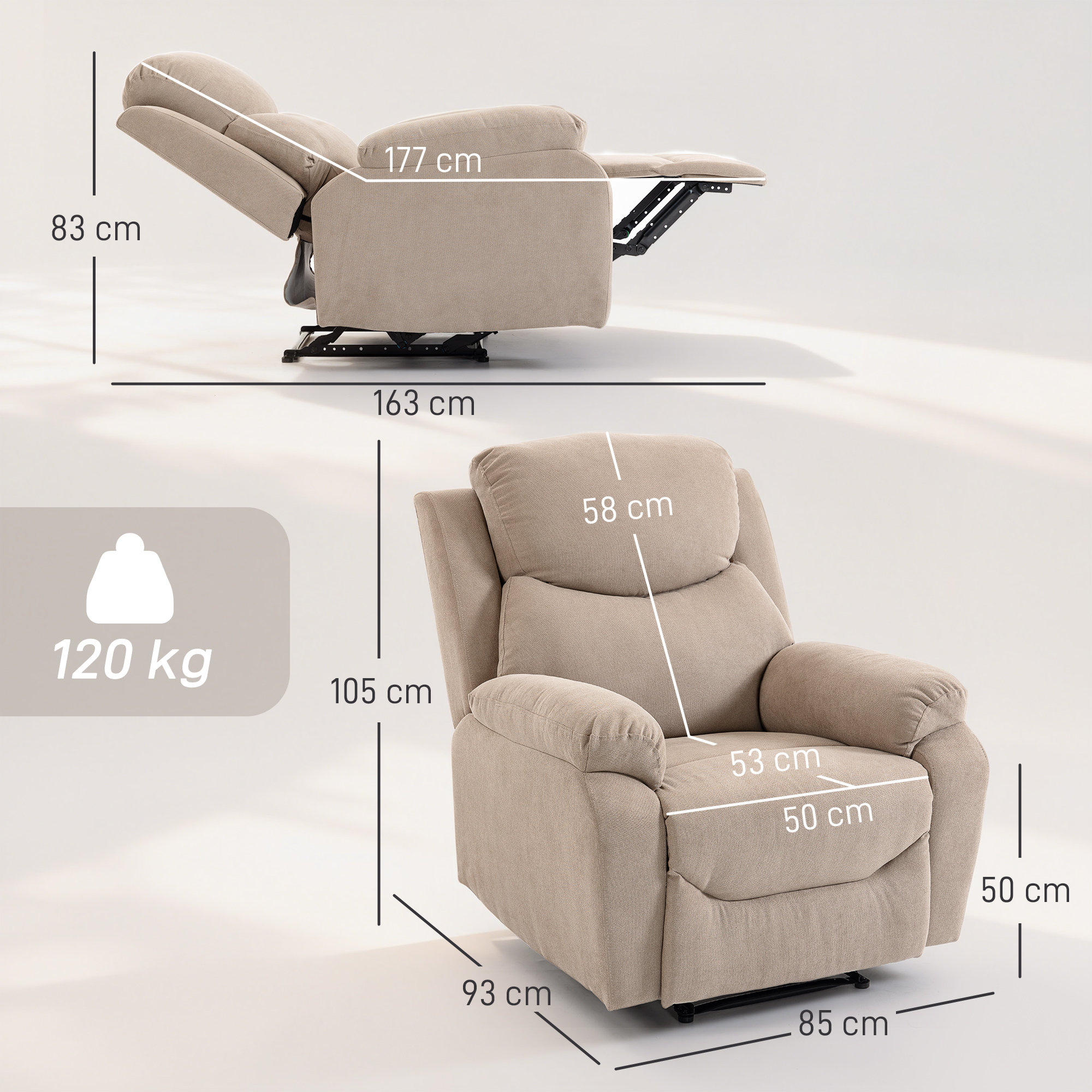 Sillón reclinable beige con dimensiones: alto 105 cm, ancho 93 cm, fondo 85 cm.