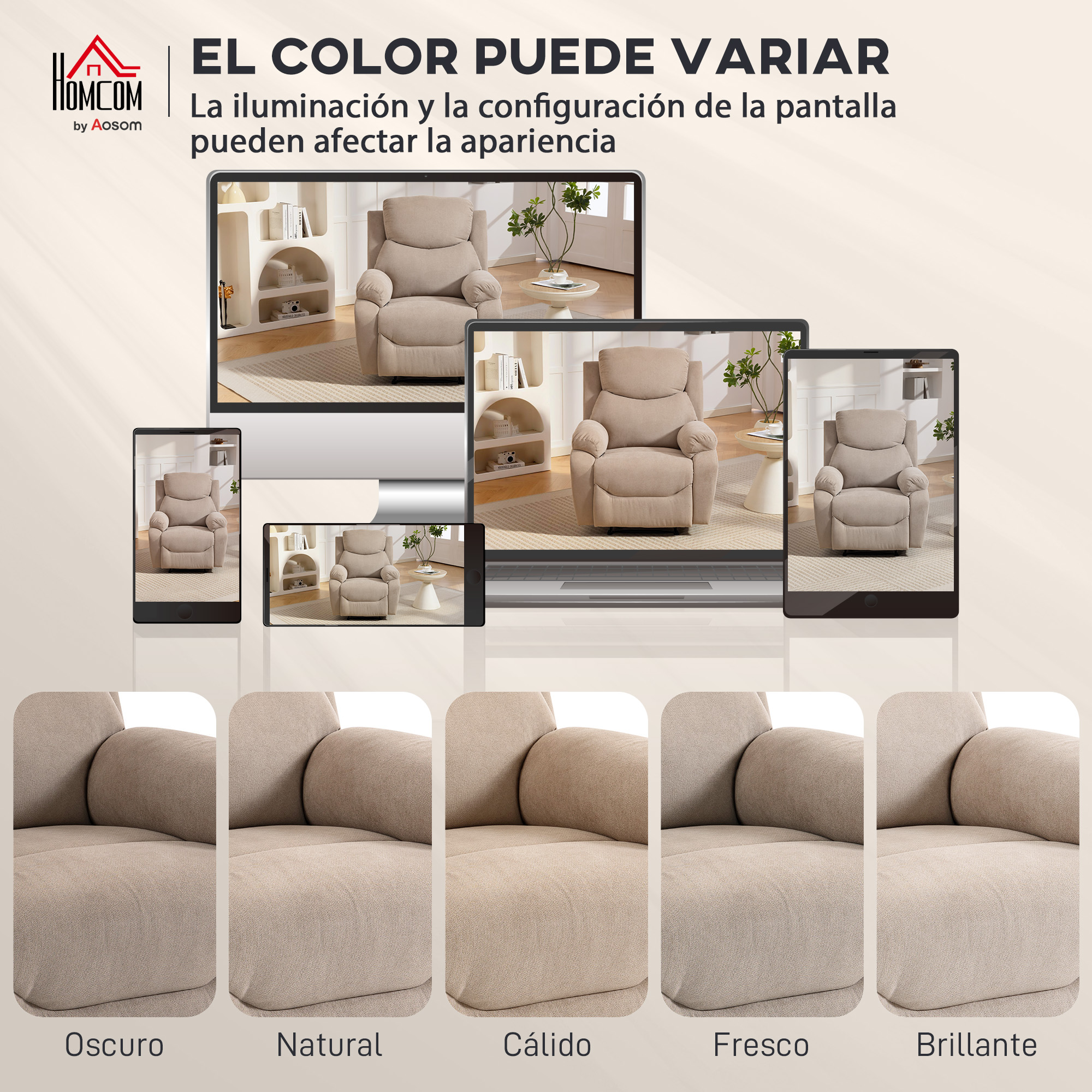 Un sillón reclinable beige se muestra en varias pantallas. Muestras de tela abajo.