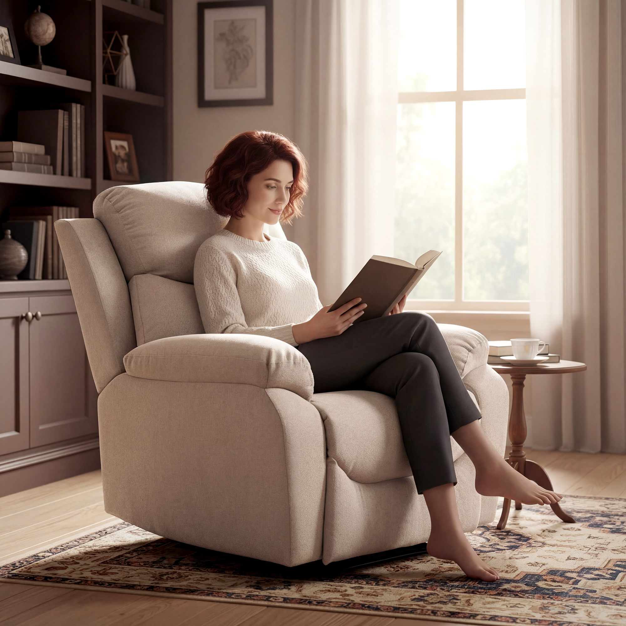Una mujer pelirroja lee un libro sentada en un sillón.