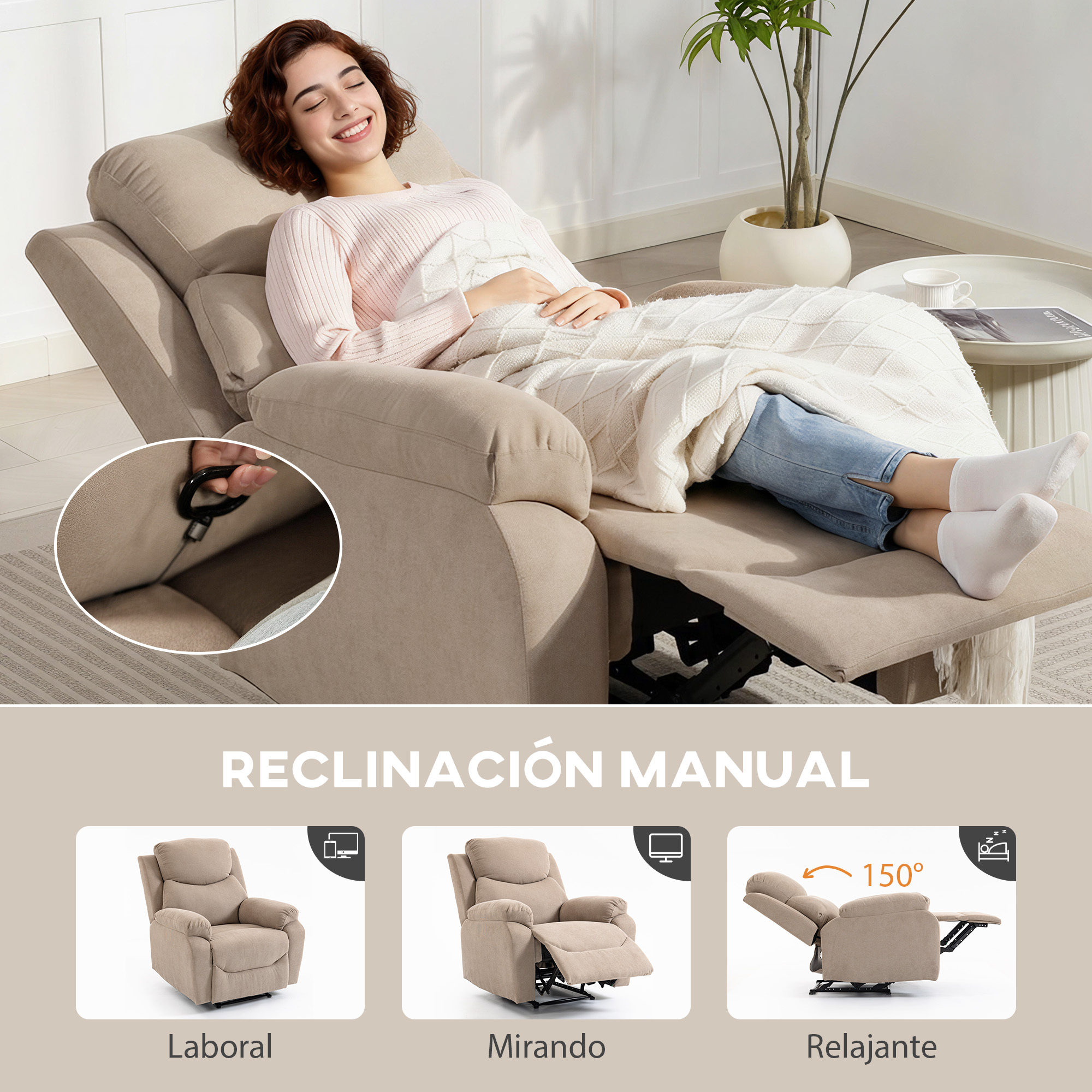 Una mujer se relaja en un sillón reclinable beige con el reposapiés extendido.