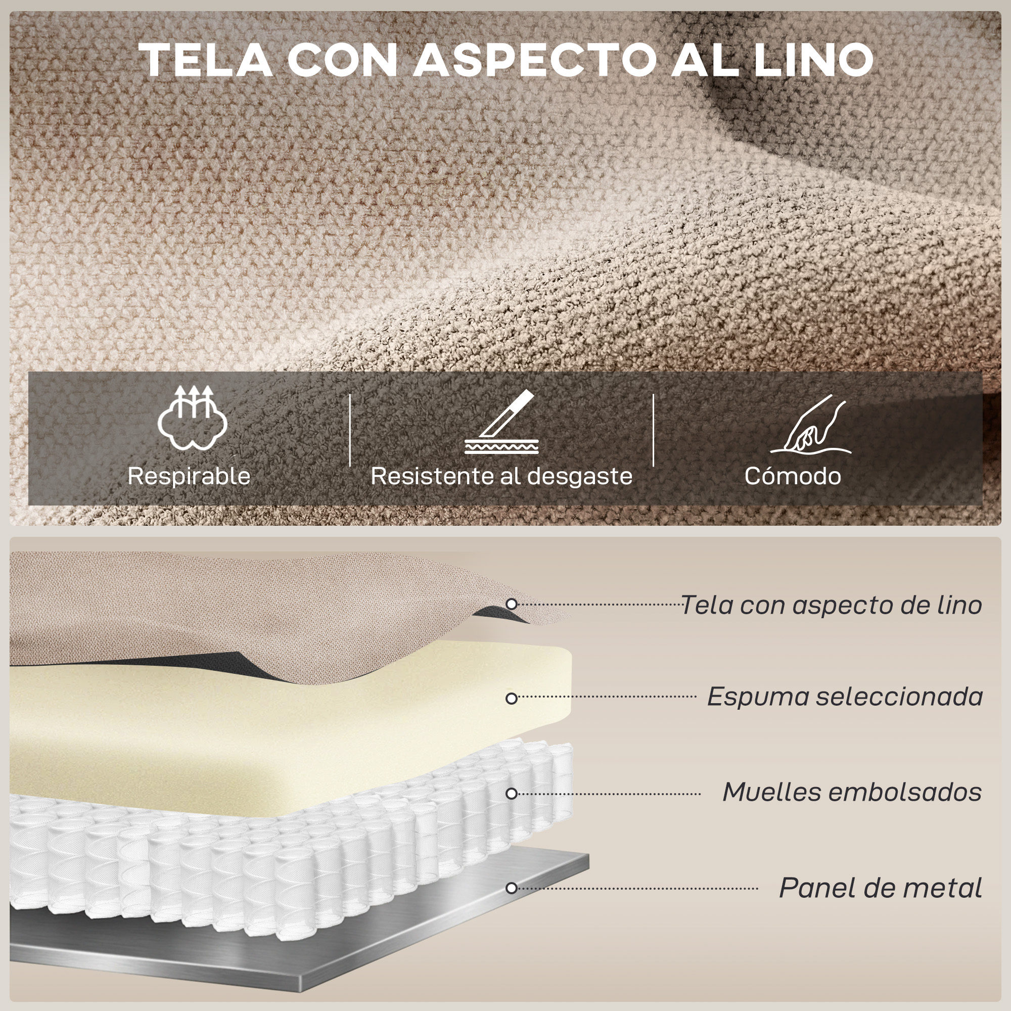 Tela de lino, espuma seleccionada, muelles embolsados y panel de metal.
