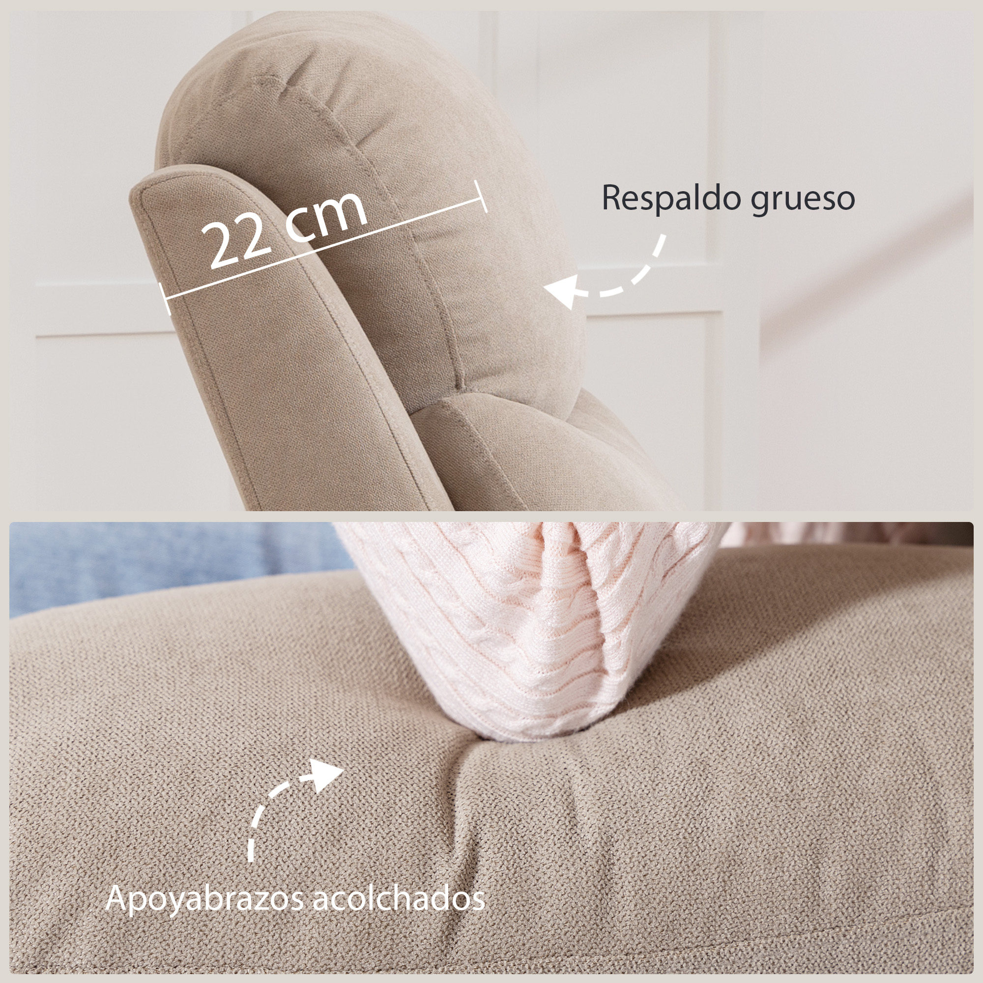 Primer plano de un sofá beige que muestra un respaldo grueso de 22 cm y un reposabrazos.