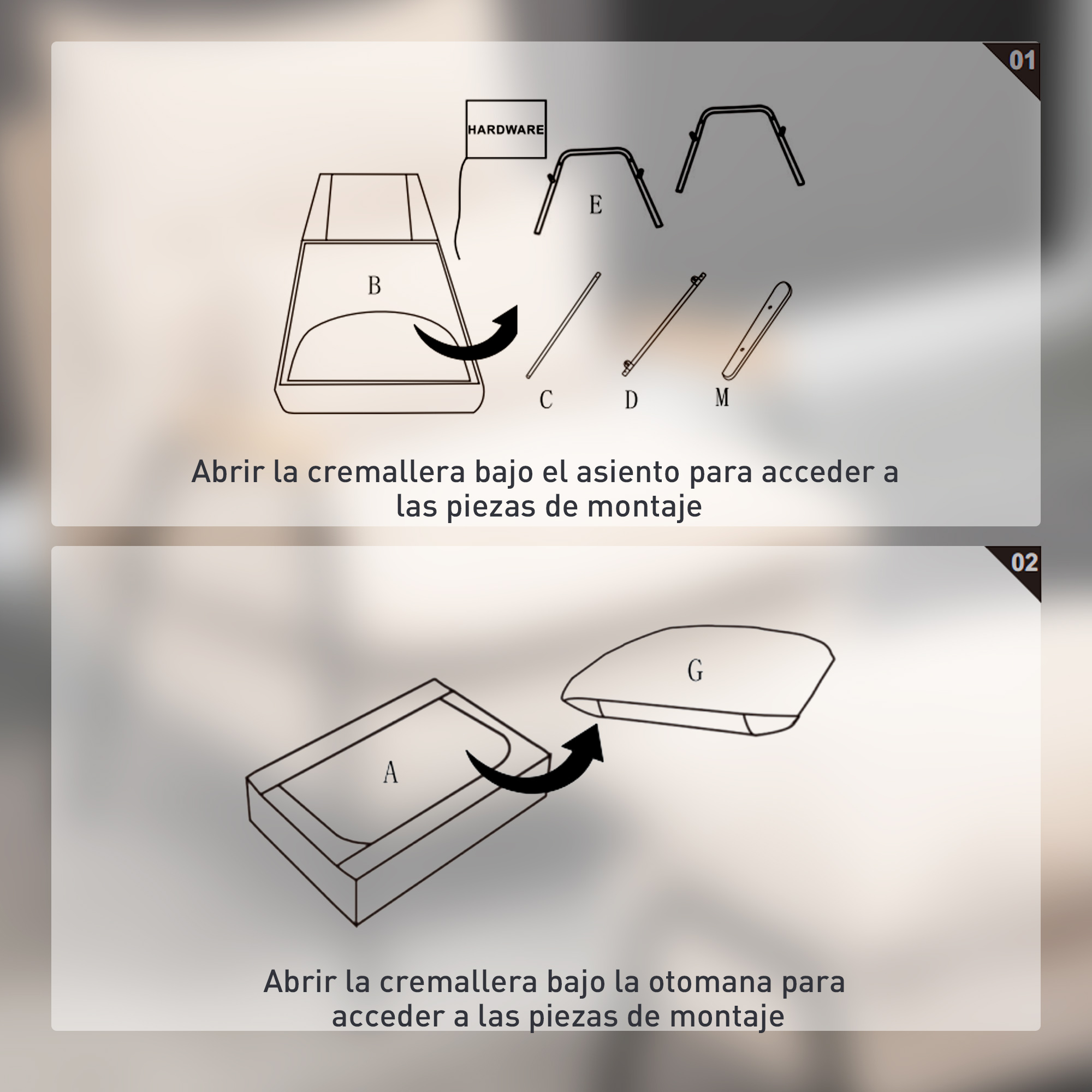 Paso 1: Abrir asiento. Paso 2: Abrir otomana. Se ve el hardware de montaje.
