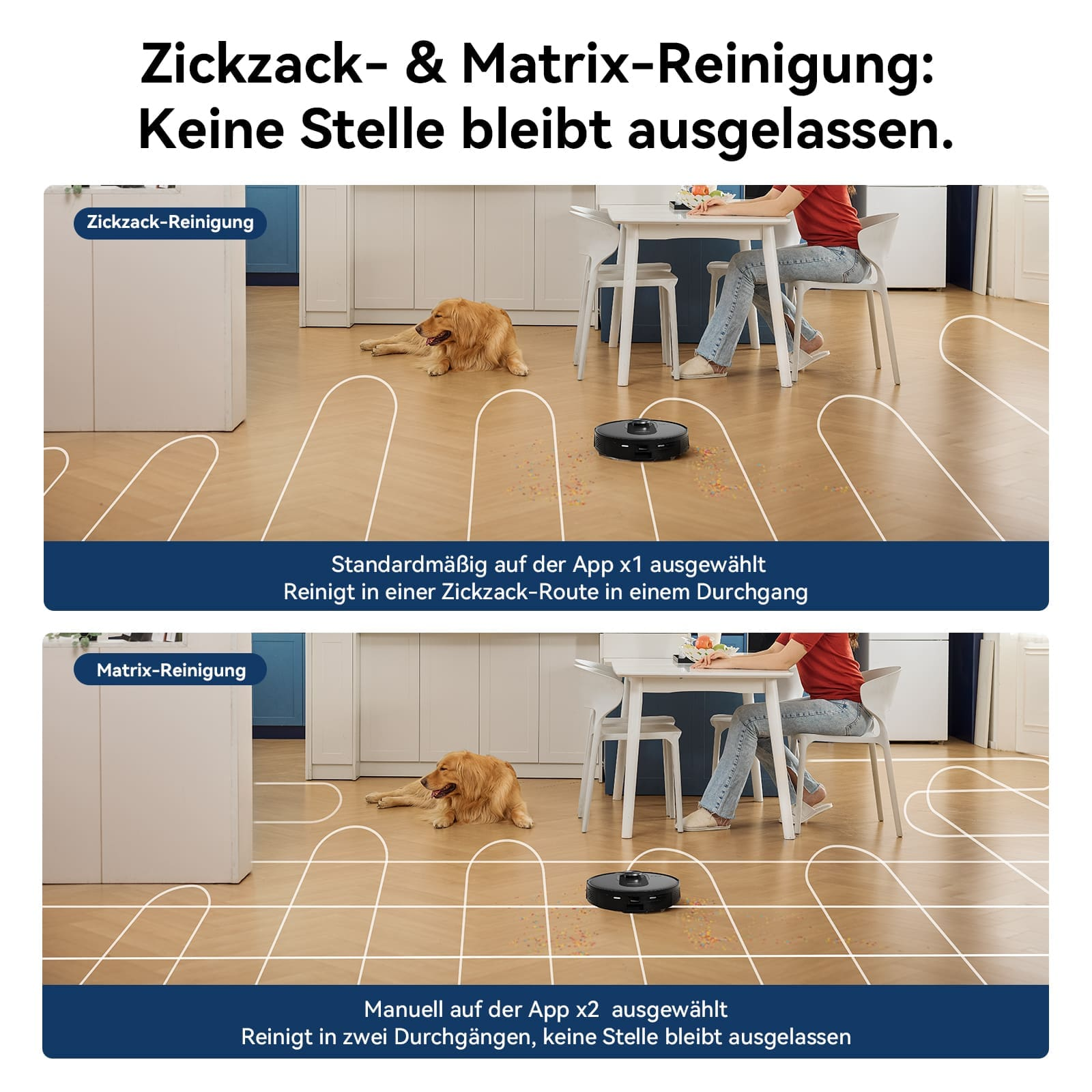 Roboter reinigt Boden: oben Zickzack, unten Matrix. Hund liegt daneben.