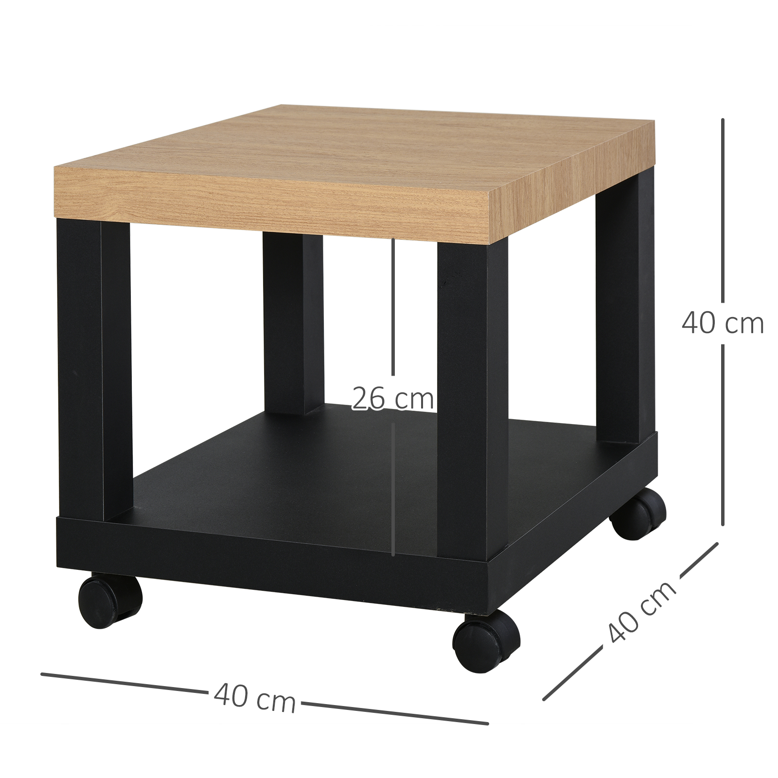 Una mesita auxiliar con tablero de madera, patas negras y ruedas. Dimensiones mostradas.