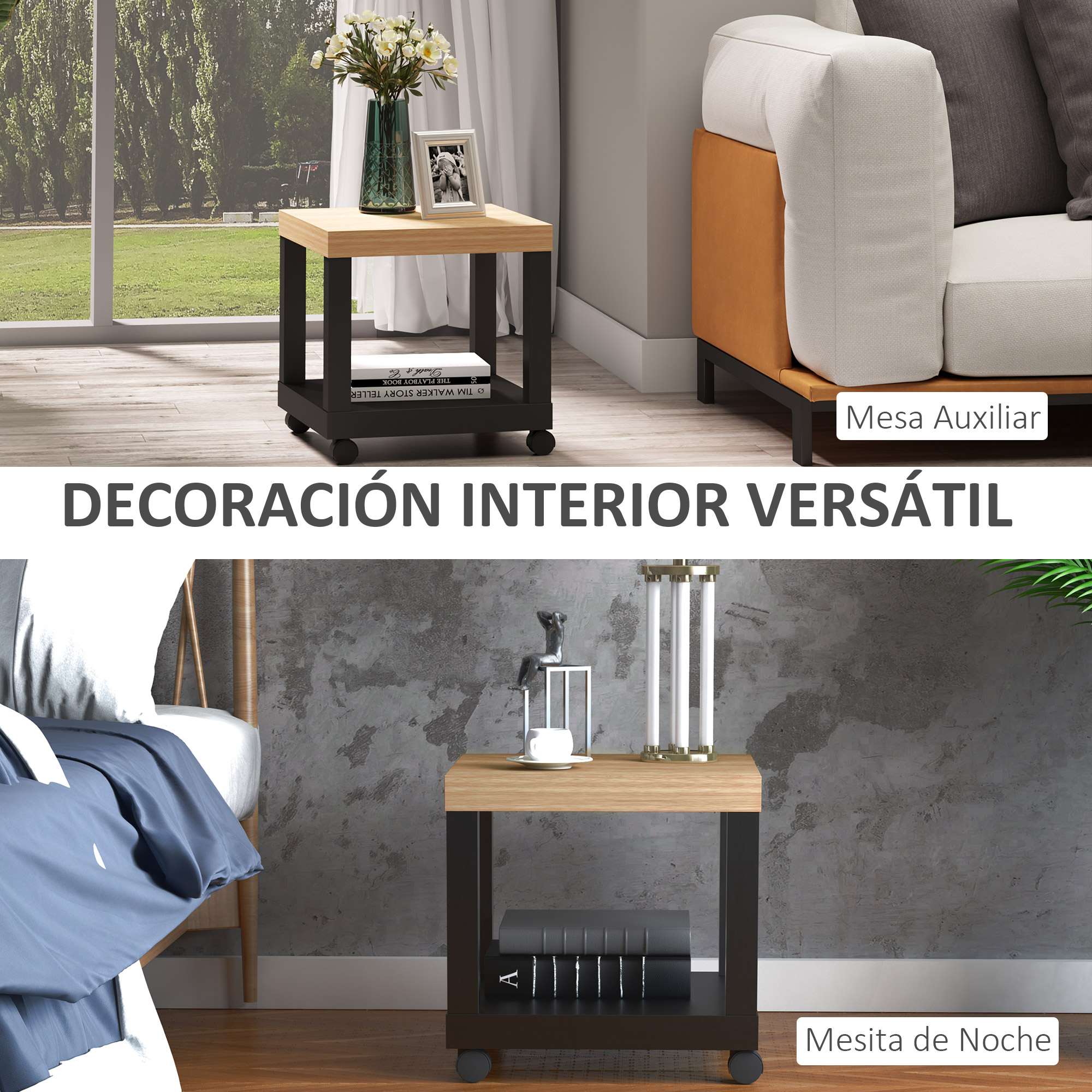 Una mesa auxiliar junto a un sofá y una mesita de noche junto a una cama.