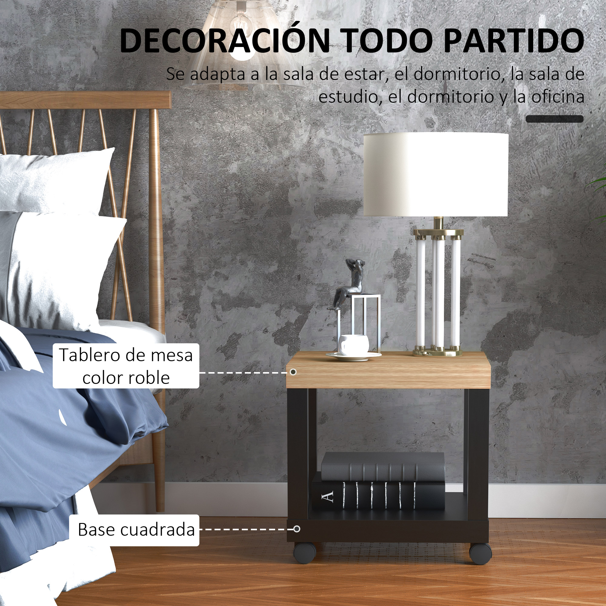 Una mesita de noche con tablero de roble y base negra, junto a una cama.