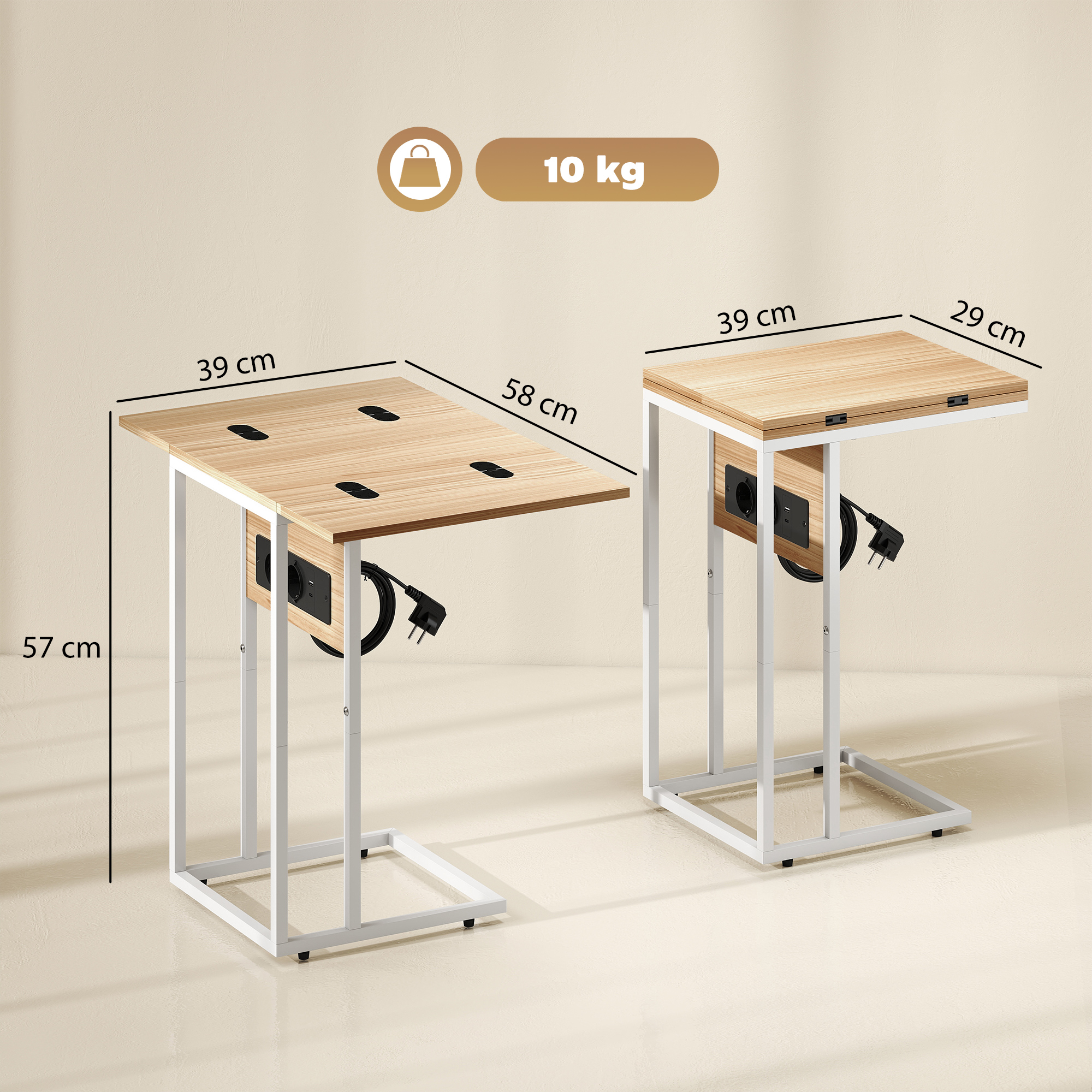 Dos mesas auxiliares en forma de C con tablero de madera y patas de metal.