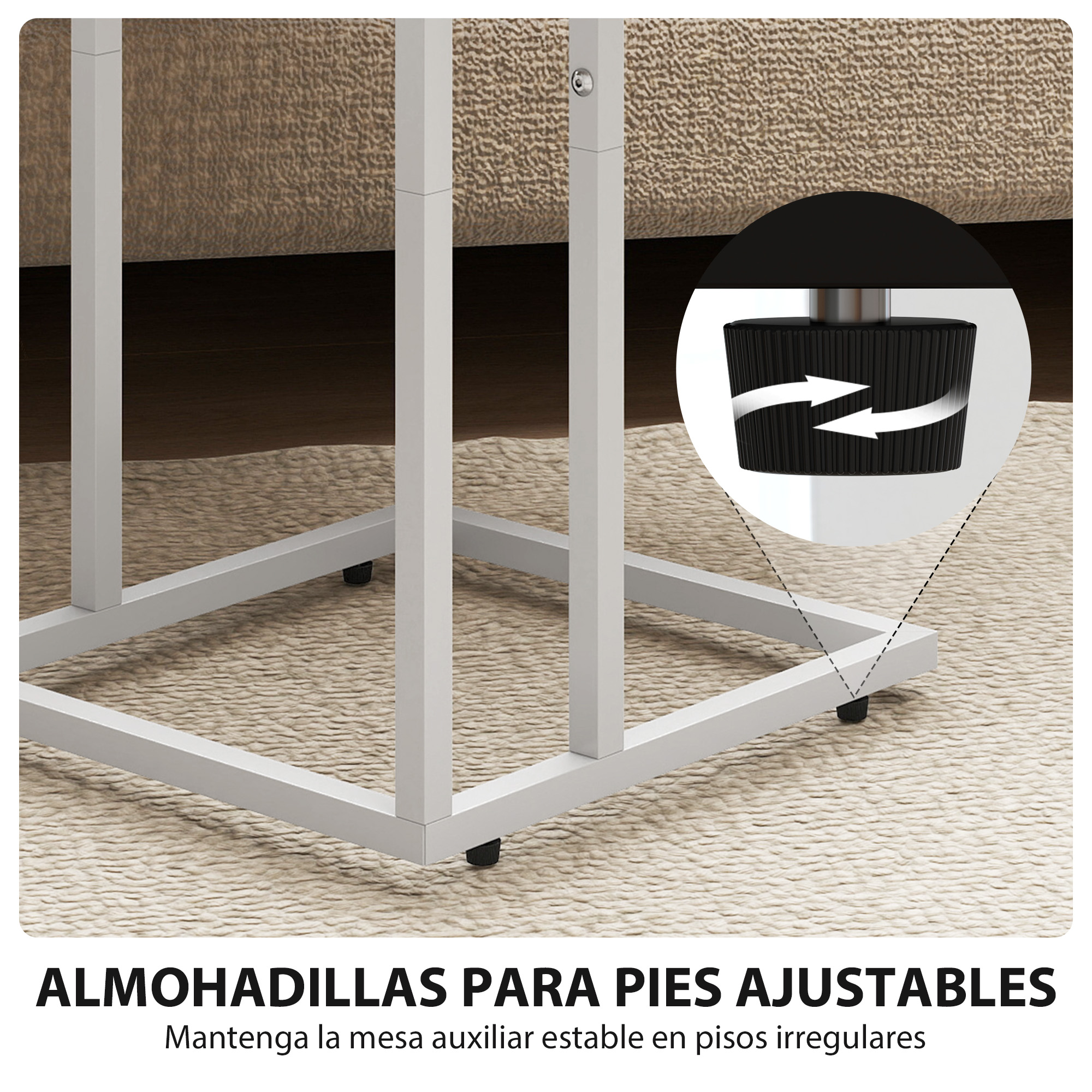 Pata de mesa gris con pie negro ajustable sobre alfombra.