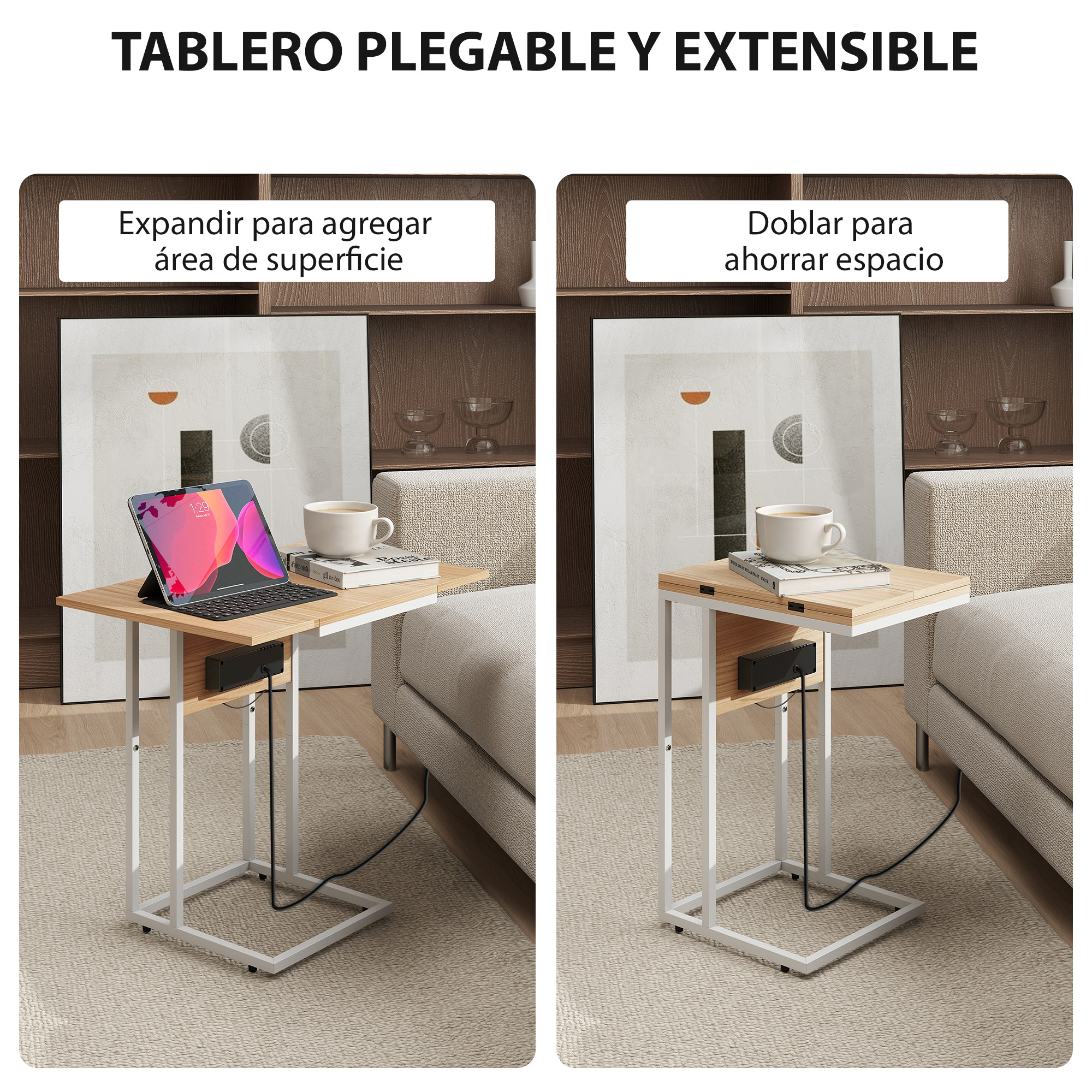 Una mesa en C con laptop, taza y libro. Vistas extendida y plegada.