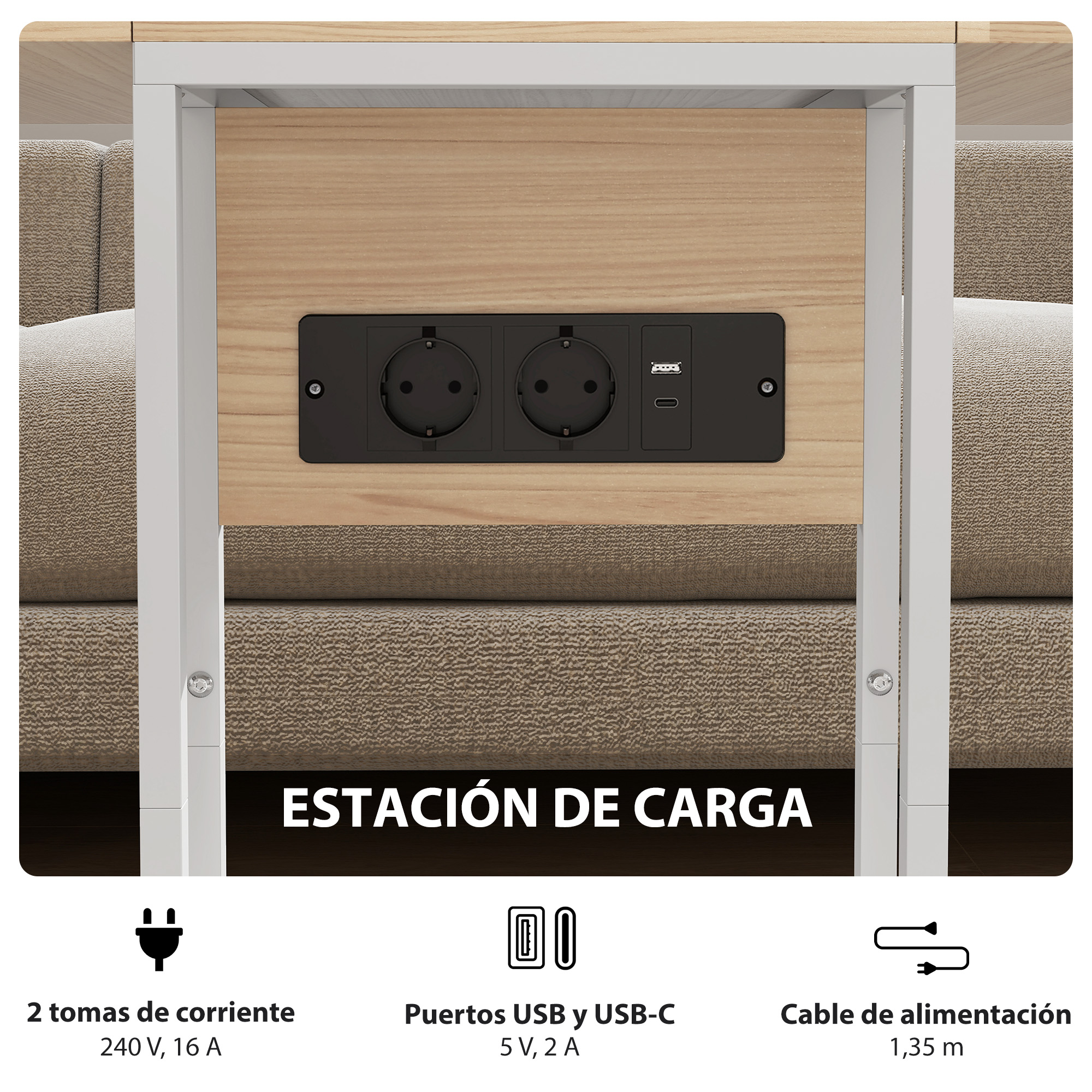 Estación de carga con 2 enchufes, USB-A, USB-C y cable de 1,35m.