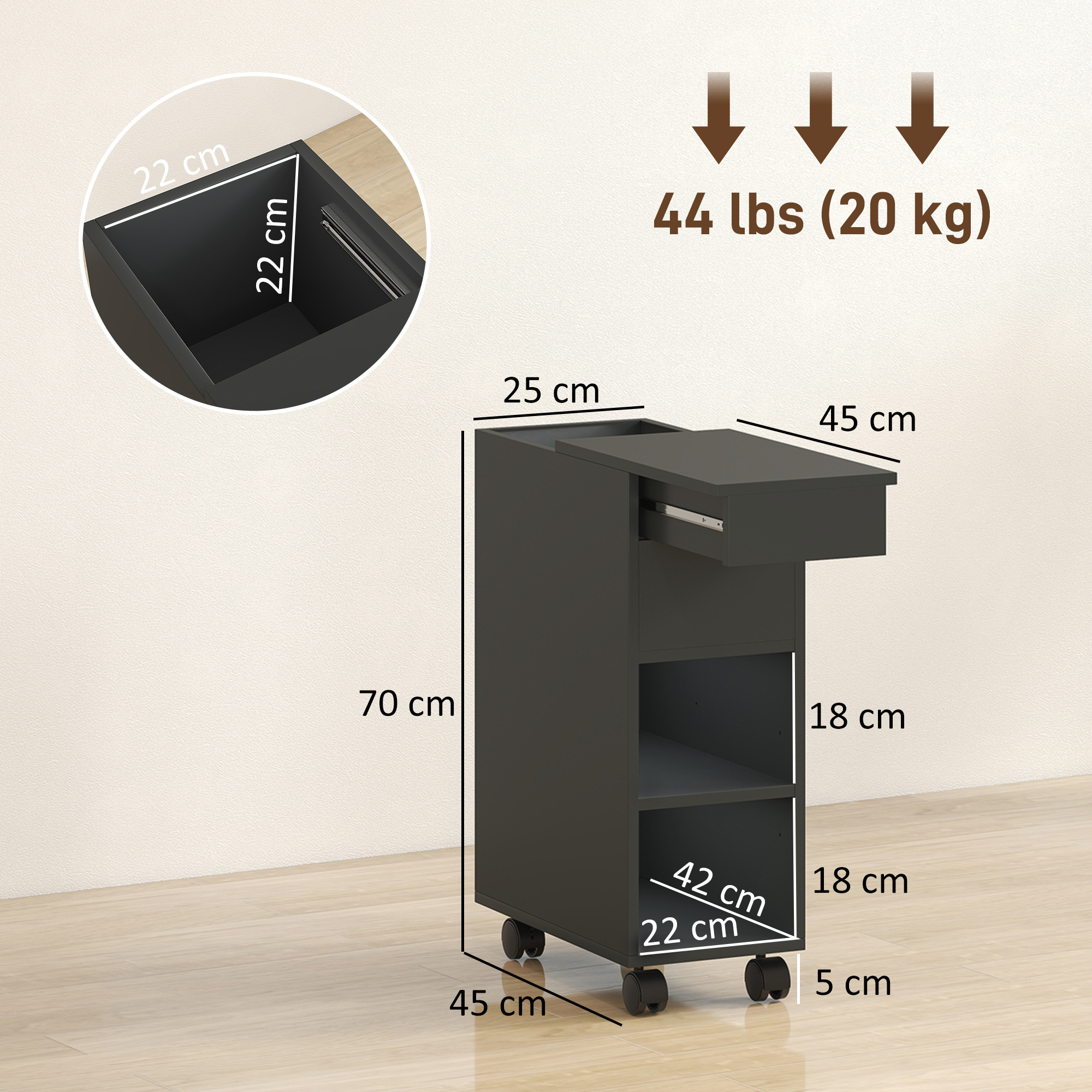 Gabinete rodante negro con cajón y estantes, se muestran las dimensiones.