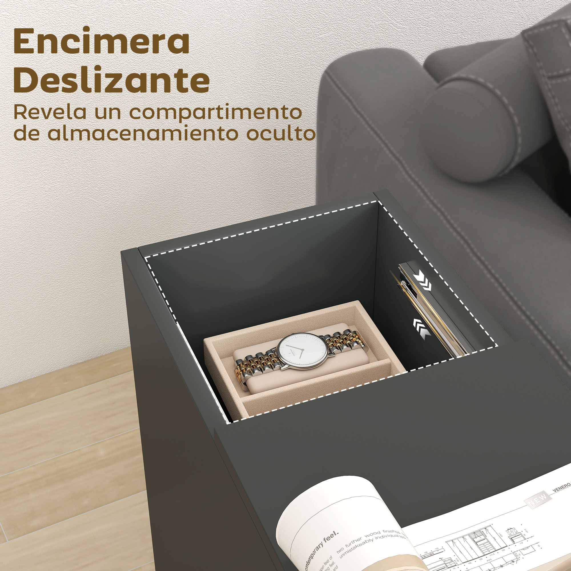 Una mesa auxiliar gris con tapa deslizante que revela un compartimento con reloj y teléfono.